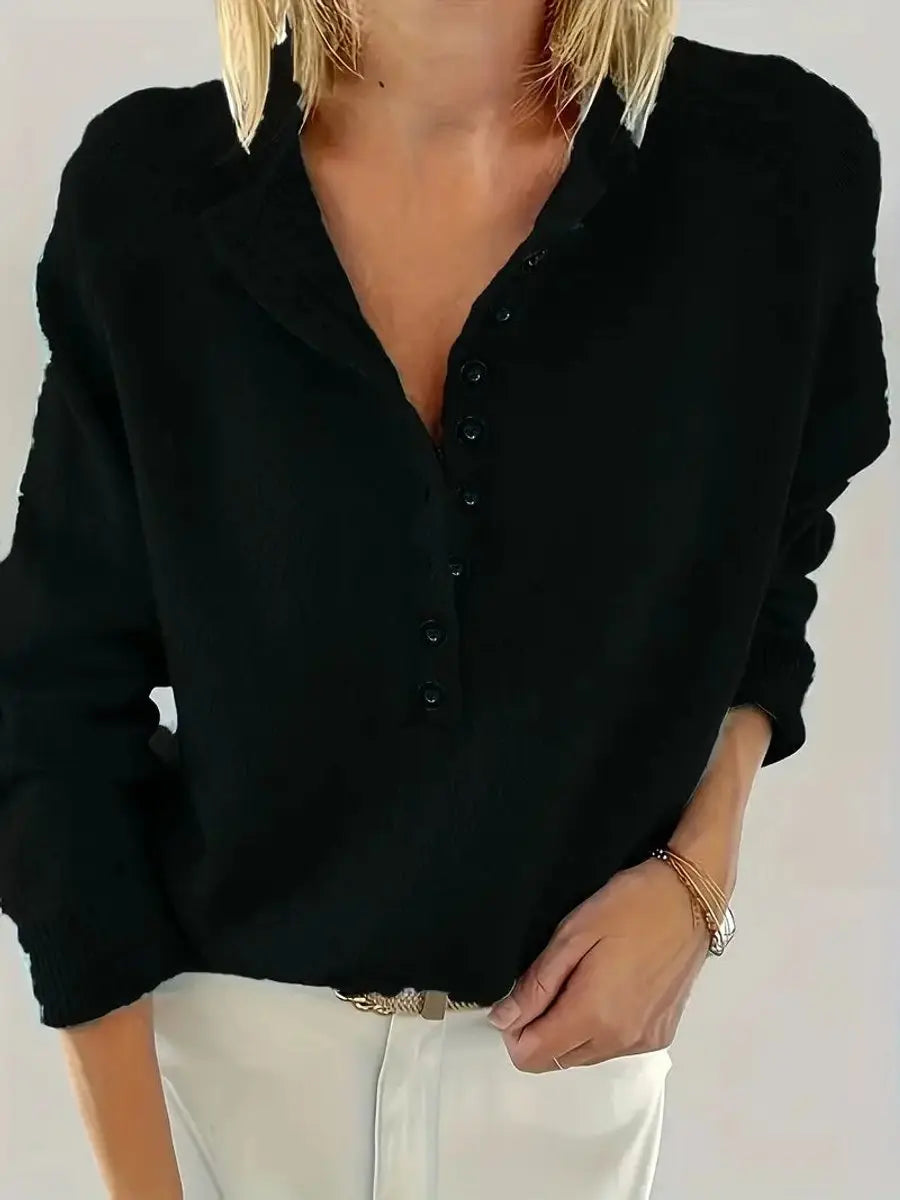 Women's Half-Button V-Neck Knit Sweater Pullover Jumper - Black