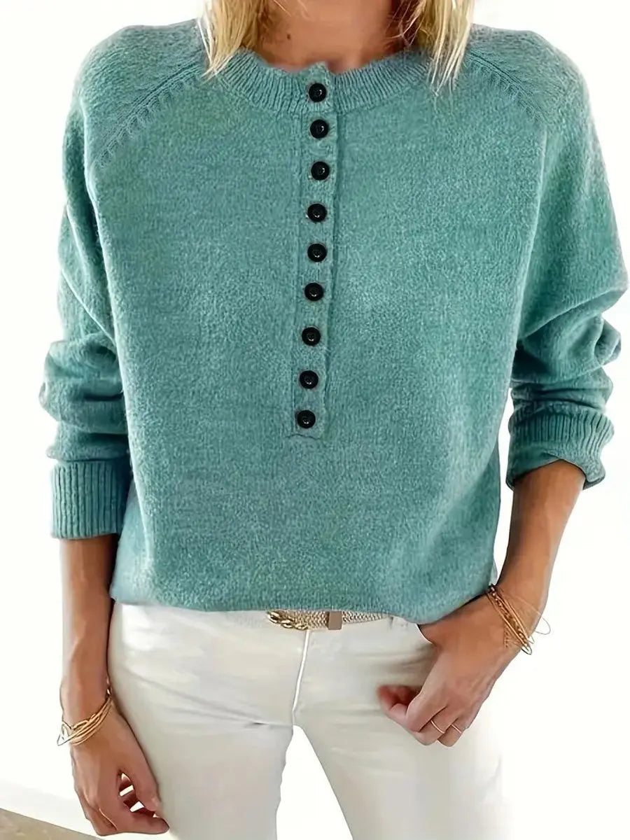 Women's Half-Button V-Neck Knit Sweater Pullover Jumper