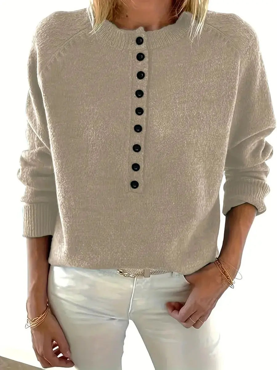 Women's Half-Button V-Neck Knit Sweater Pullover Jumper