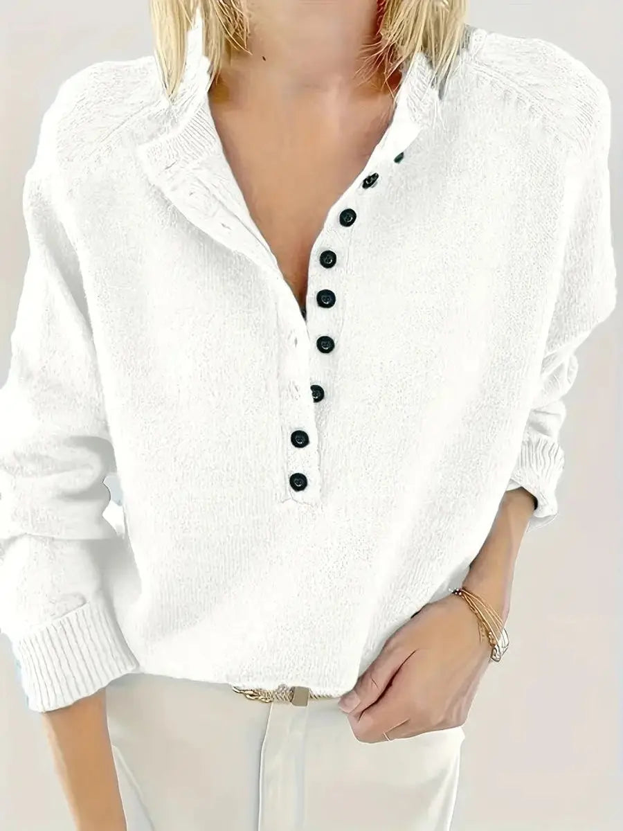 Women's Half-Button V-Neck Knit Sweater Pullover Jumper - White
