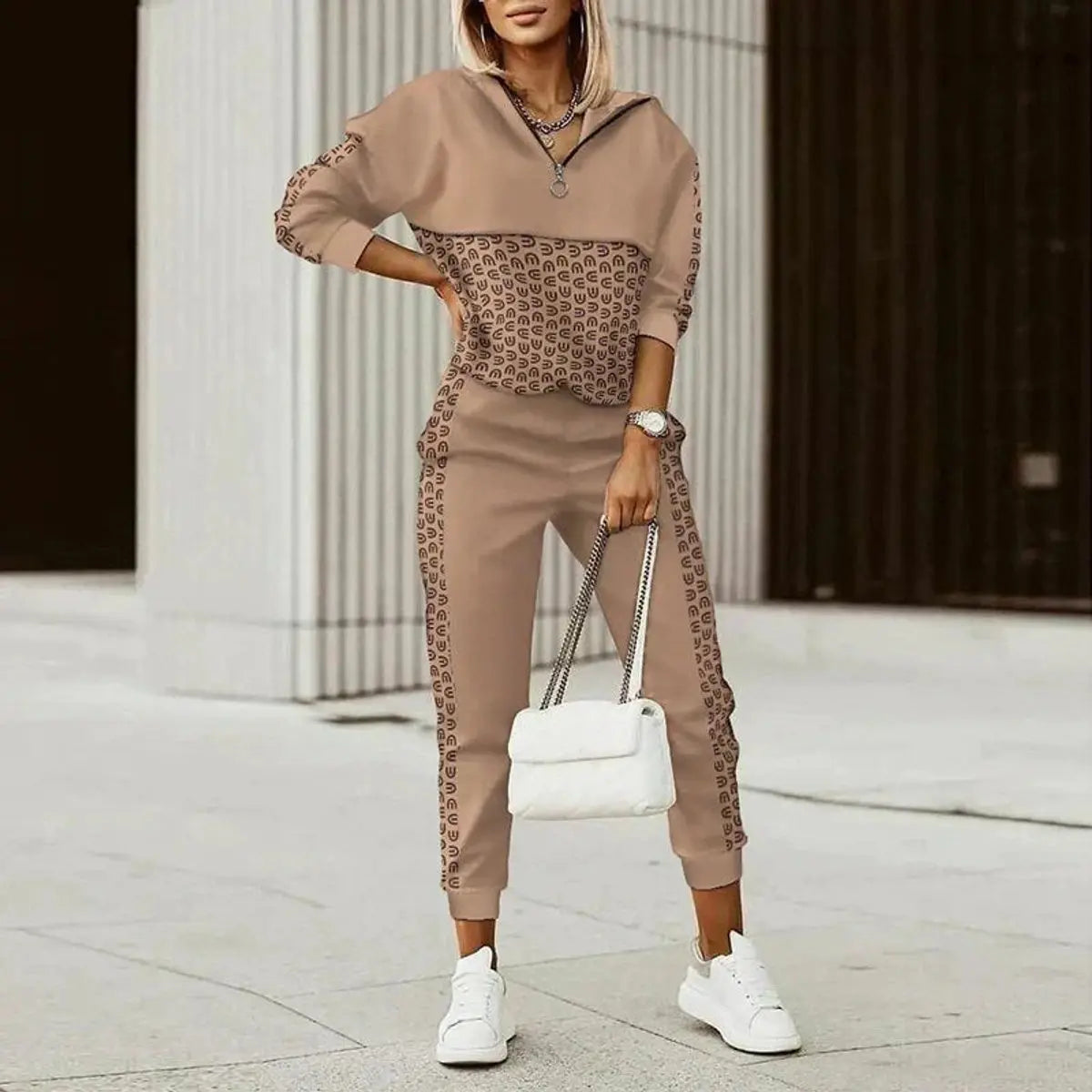 Women's Half-Zip Patterned Jogger Set Athleisure Womens Jumper - Brown
