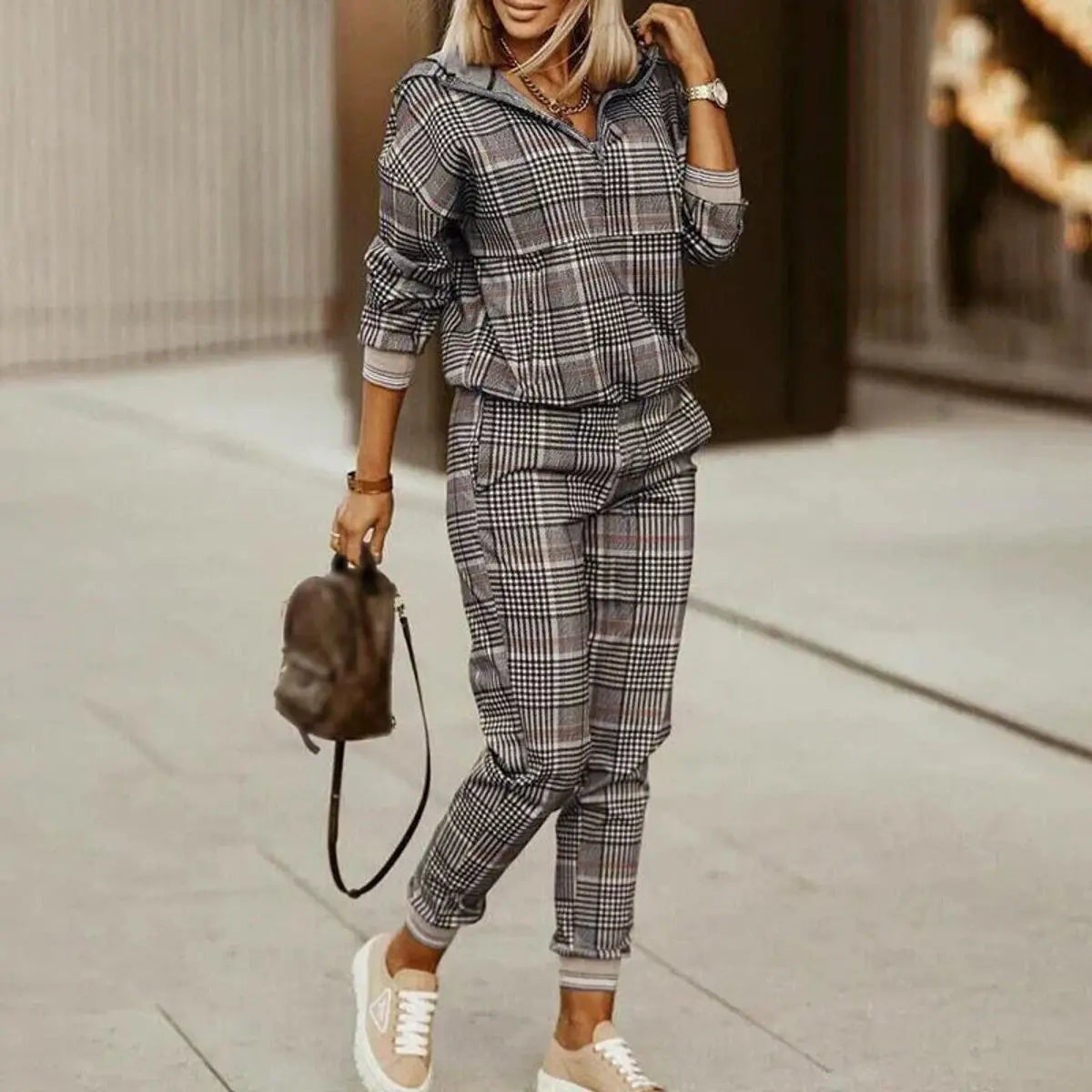 Women's Half-Zip Patterned Jogger Set Athleisure Womens Jumper - Dark Grey