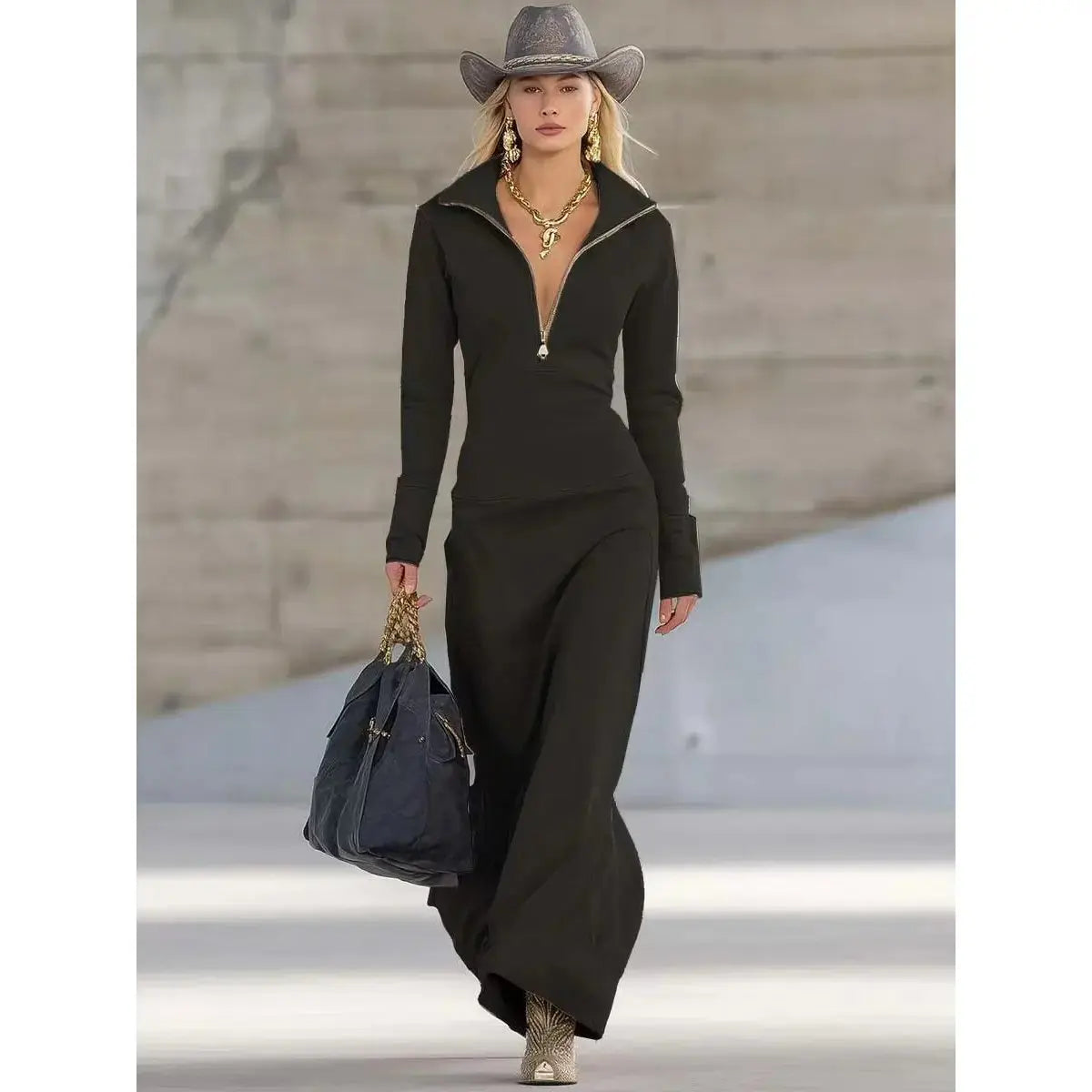 Women's Half-Zip Polo-Neck Maxi Long Sleeve Dress - Black