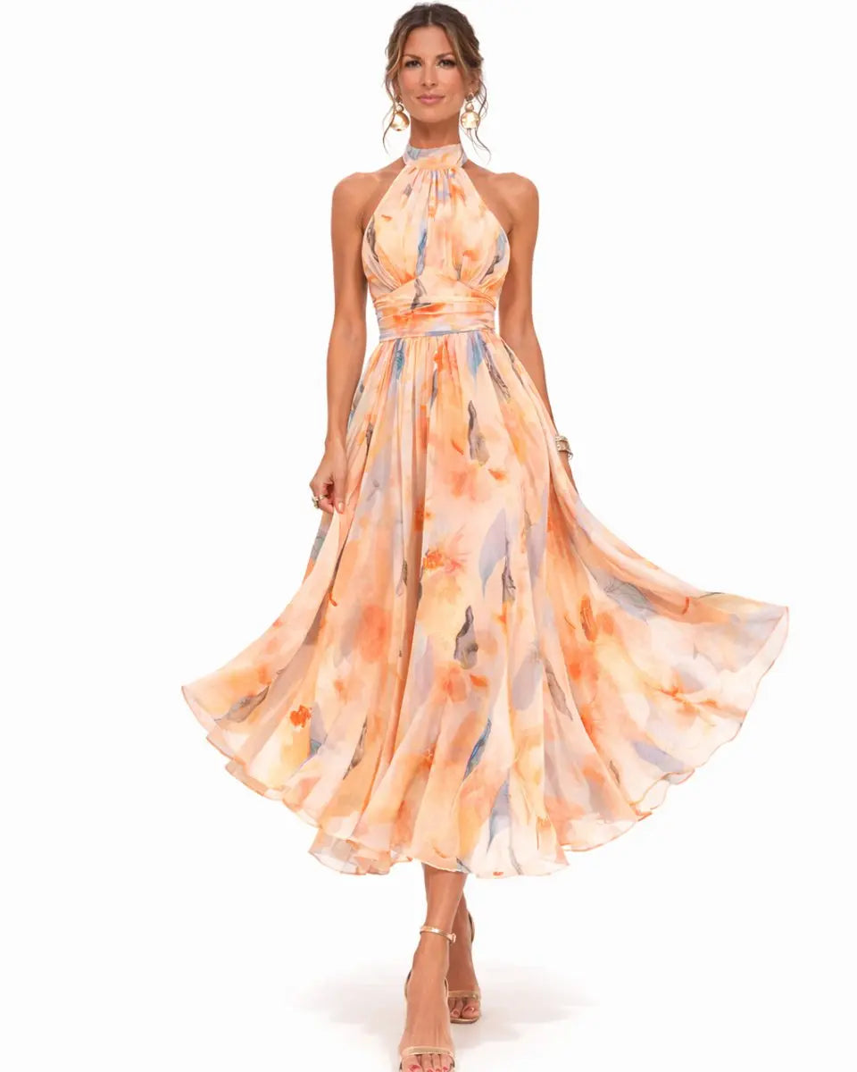 Women's Halter Neck Floral Chiffon Midi Dress