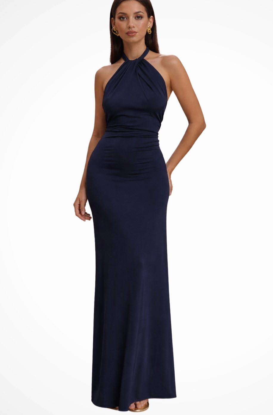 Women's Halter Neck Open-Back Bodycon Maxi Party Dress - Navy Blue