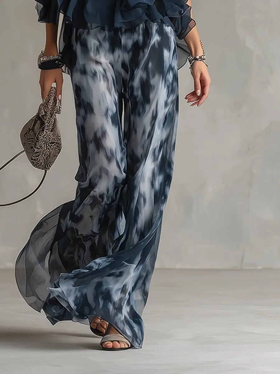 Women's Halter Neck Ruffled Chiffon Blouse Wide-Leg Two-Piece Set