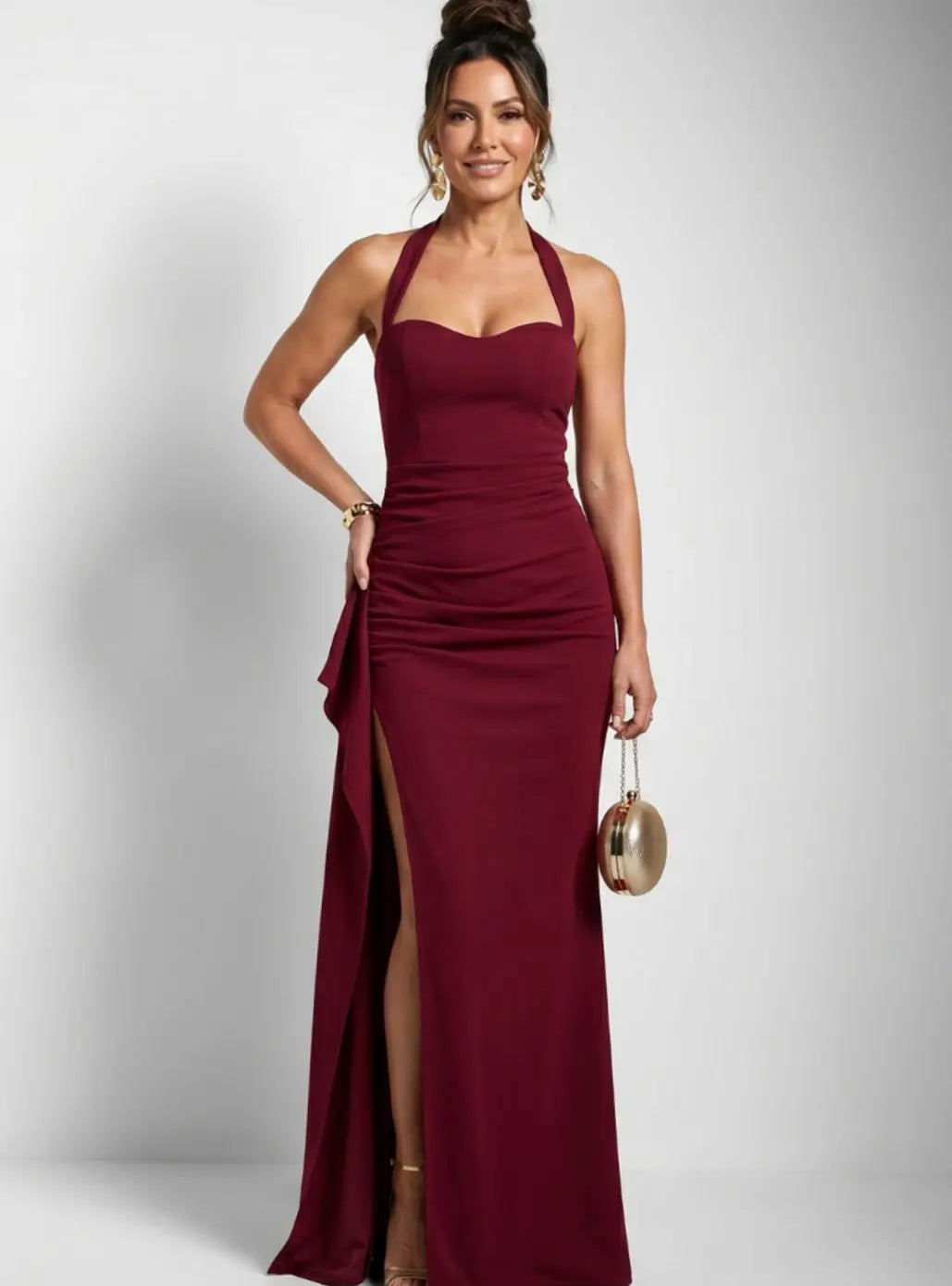 Women's Halter-Neck Sweetheart Slit Maxi Cocktail Dress - Burgundy