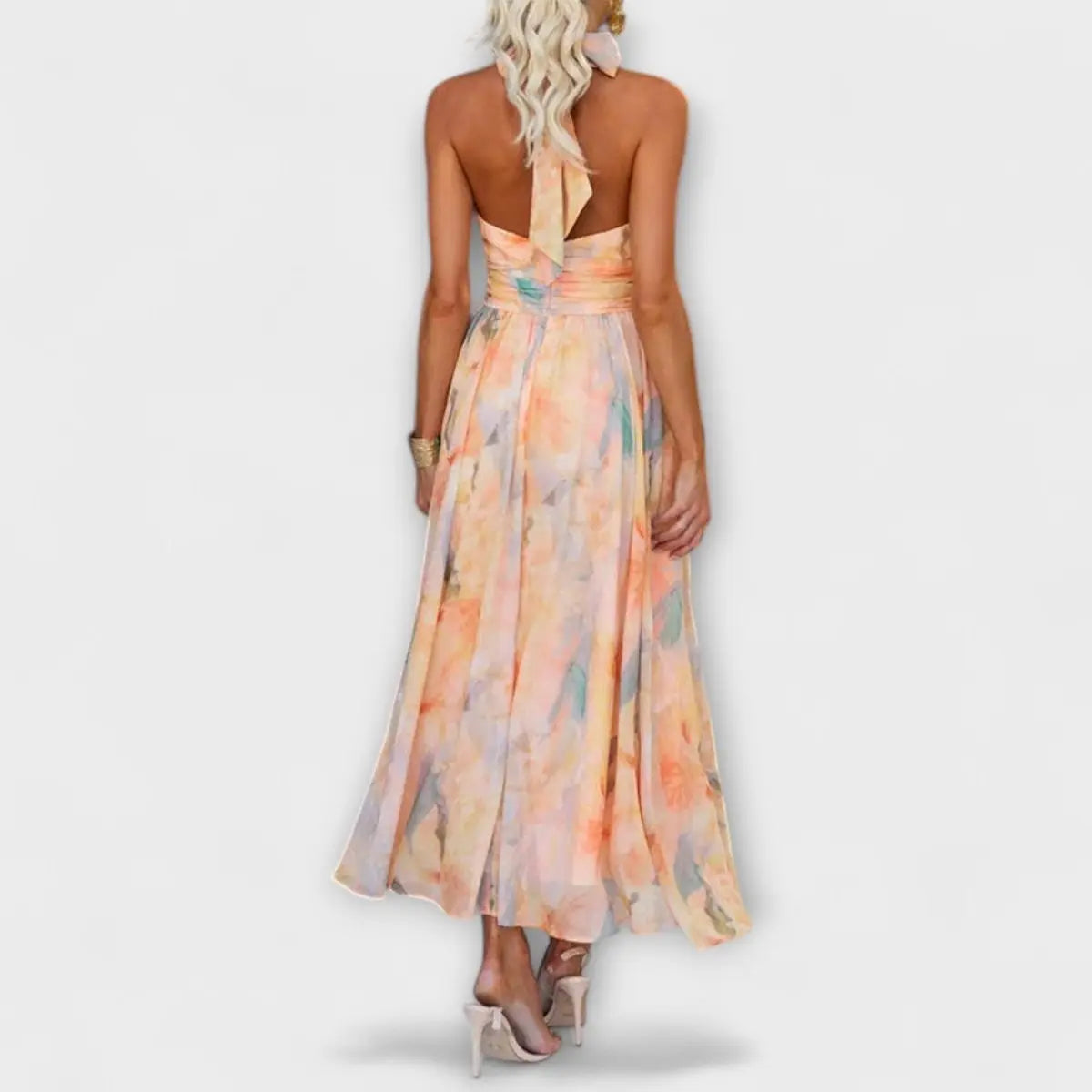 Women's Halterneck Watercolour Print Maxi Cocktail Party Dress