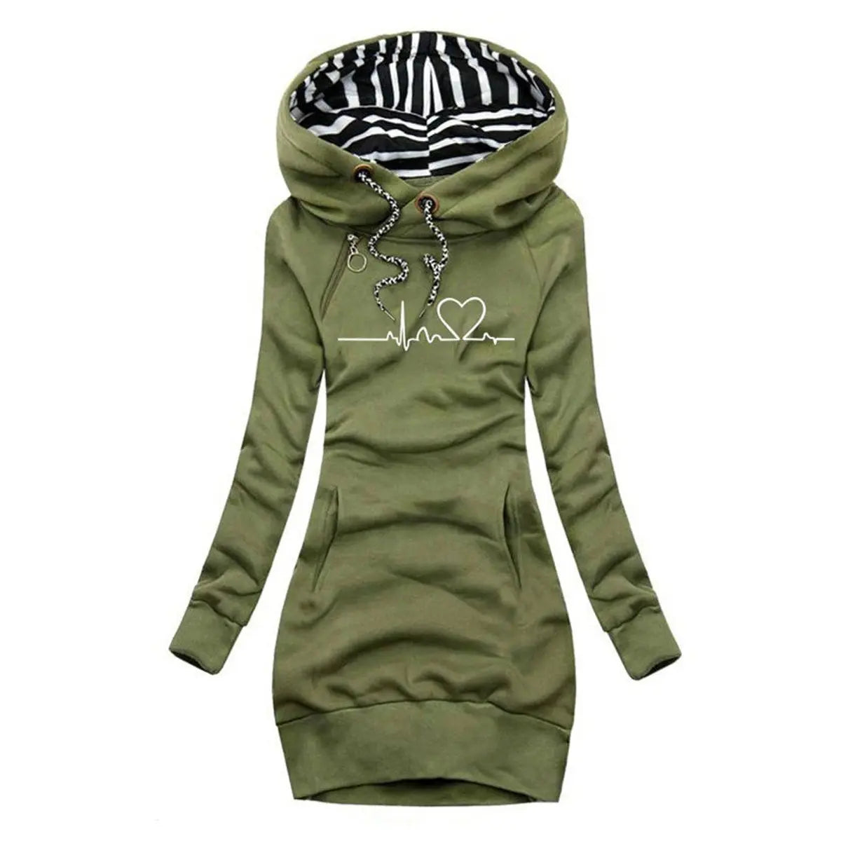 Women's Heartbeat Print Hooded Long Sleeve Dress Jumper - Green