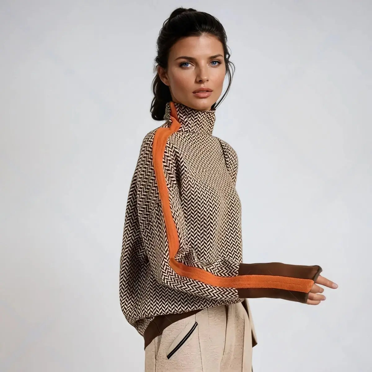 Women's Herringbone High-Neck Turtleneck Sweater Contrast Trim - Orange