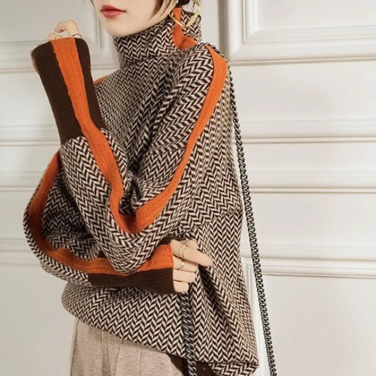 Women's Herringbone High-Neck Turtleneck Sweater Contrast Trim