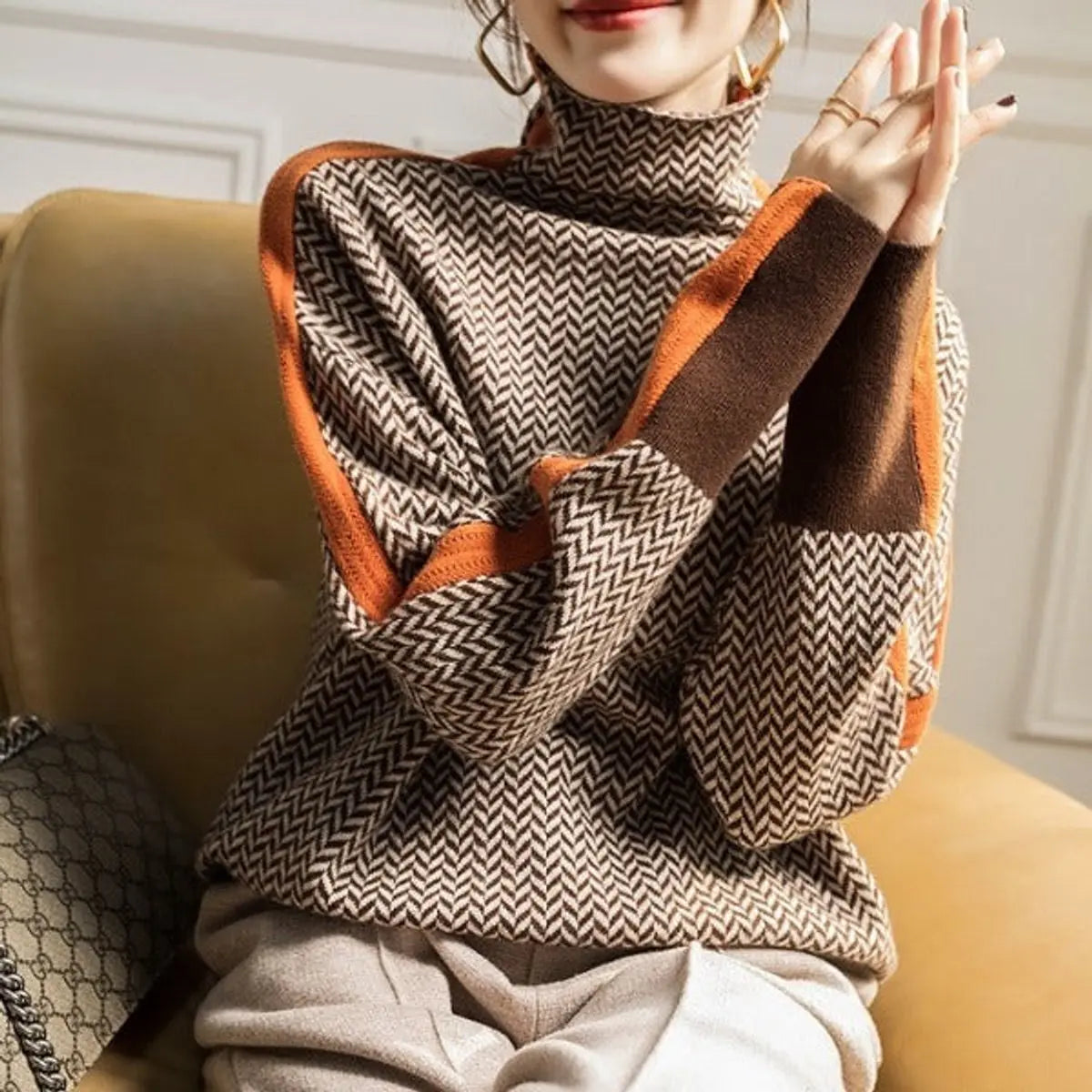 Women's Herringbone High-Neck Turtleneck Sweater Contrast Trim