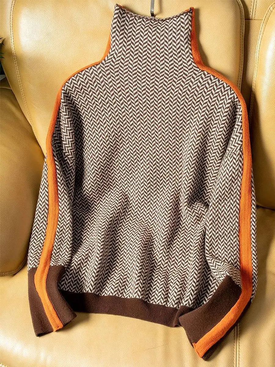 Women's Herringbone High-Neck Turtleneck Sweater Contrast Trim