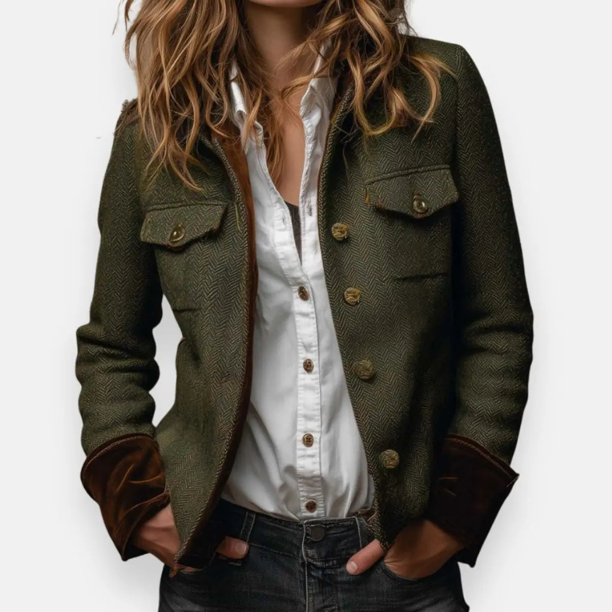 Women's Herringbone Tweed Utility Quilted Jacket Gold Button Detail - Army Green