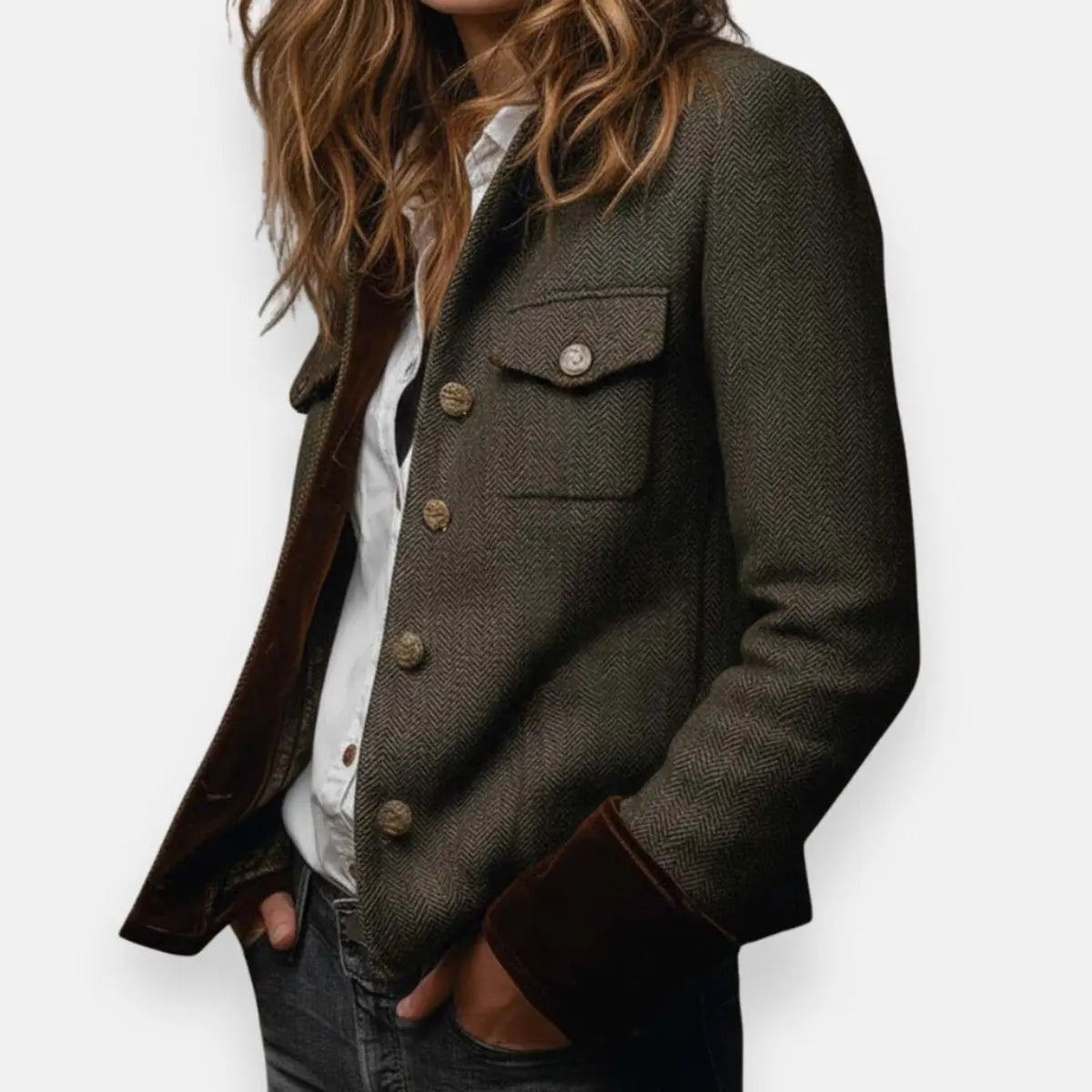 Women's Herringbone Tweed Utility Quilted Jacket Gold Button Detail