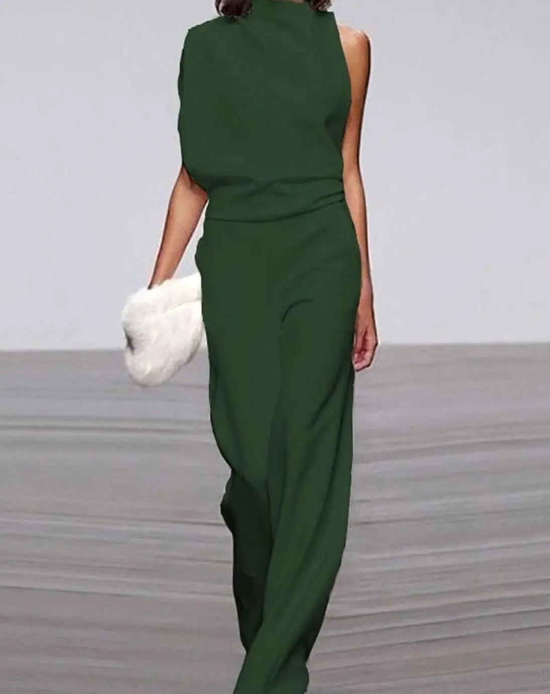Women's High Neck Asymmetric Shoulder Jumpsuit Wide-Leg Formal - Green