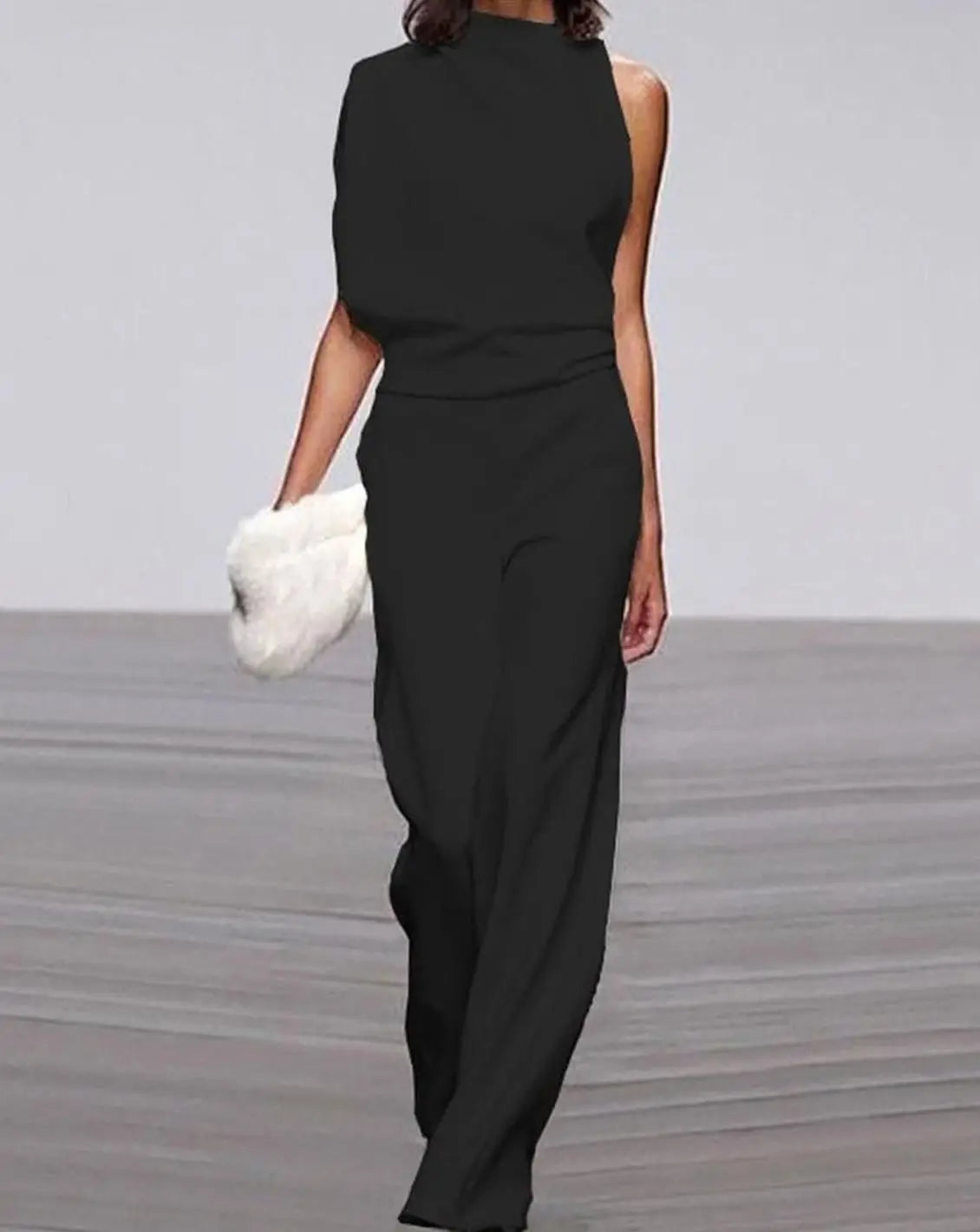 Women's High Neck Asymmetric Shoulder Jumpsuit Wide-Leg Formal - Black