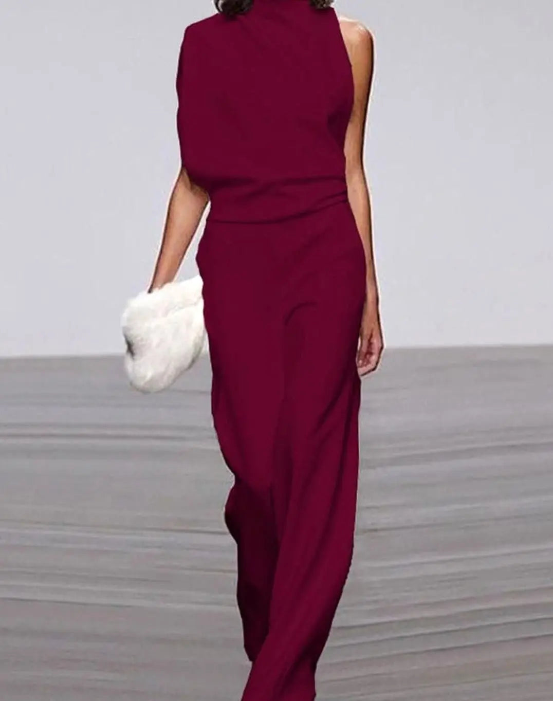 Women's High Neck Asymmetric Shoulder Jumpsuit Wide-Leg Formal - Dark Red