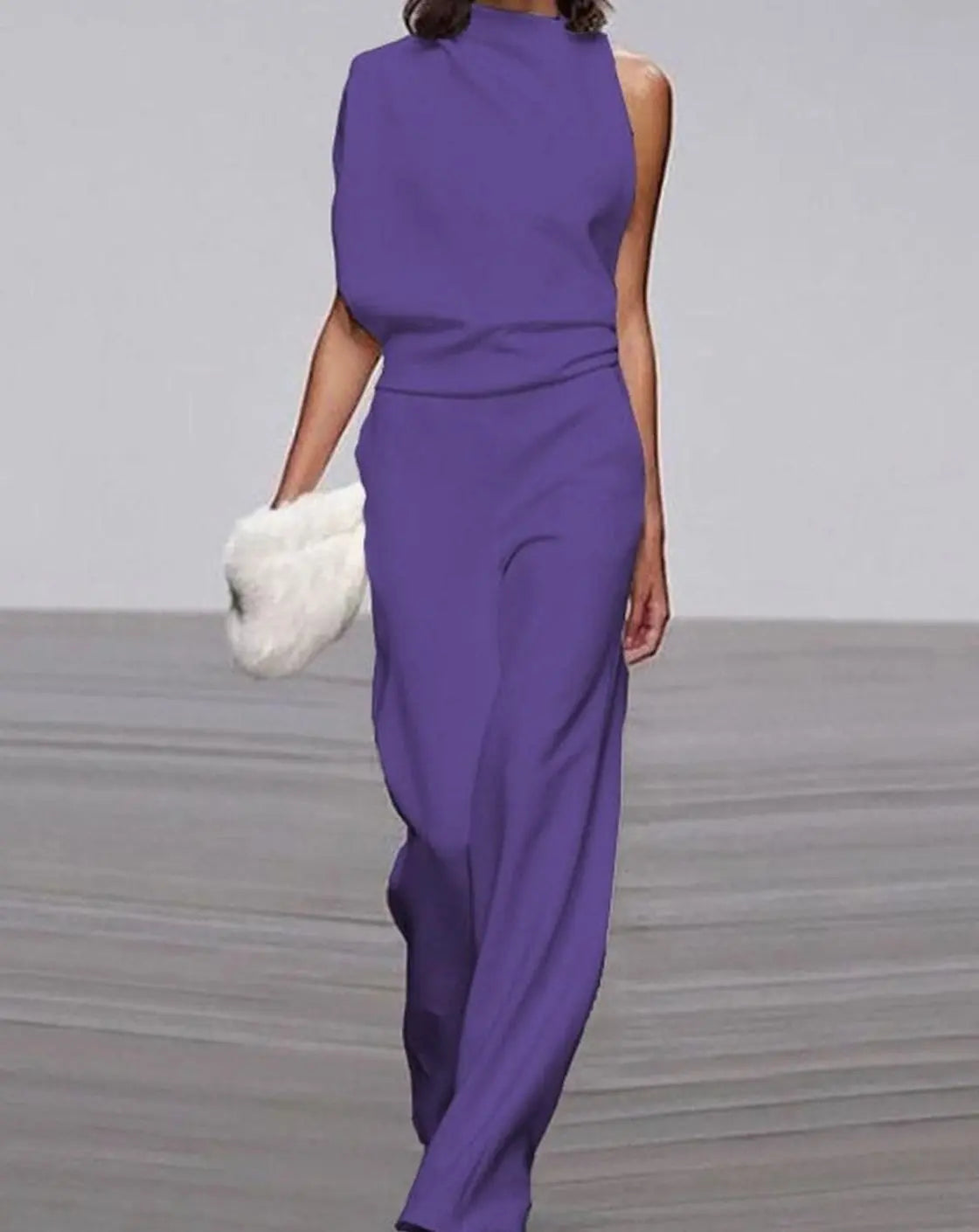 Women's High Neck Asymmetric Shoulder Jumpsuit Wide-Leg Formal - Purple