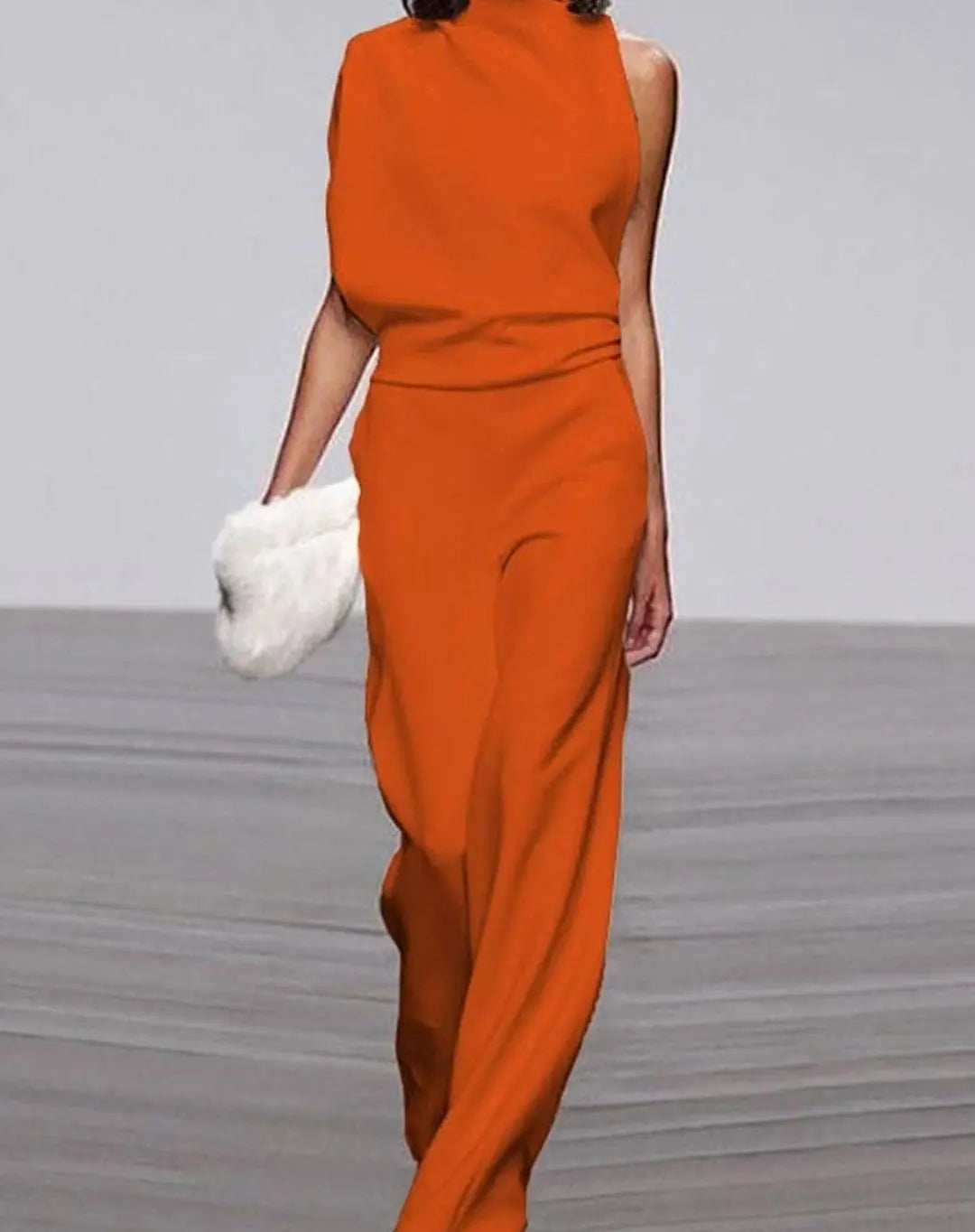 Women's High Neck Asymmetric Shoulder Jumpsuit Wide-Leg Formal - Orange