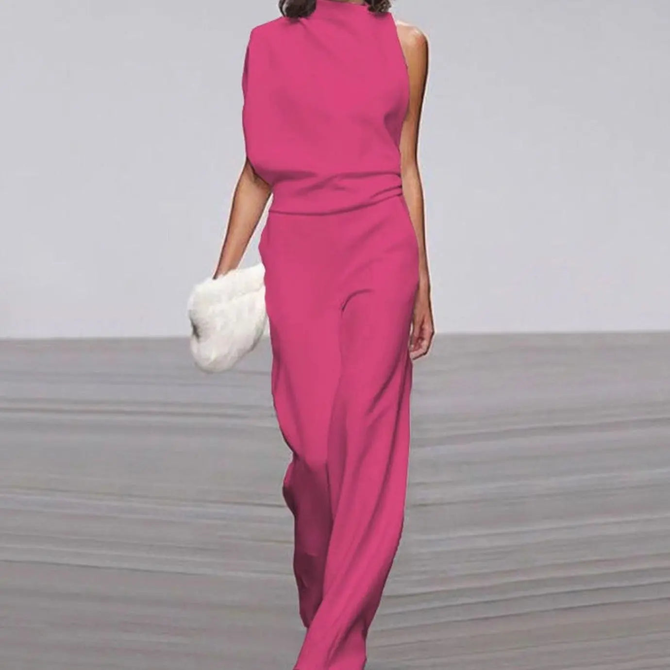 Women's High Neck Asymmetric Shoulder Jumpsuit Wide-Leg Formal - Fuchsia