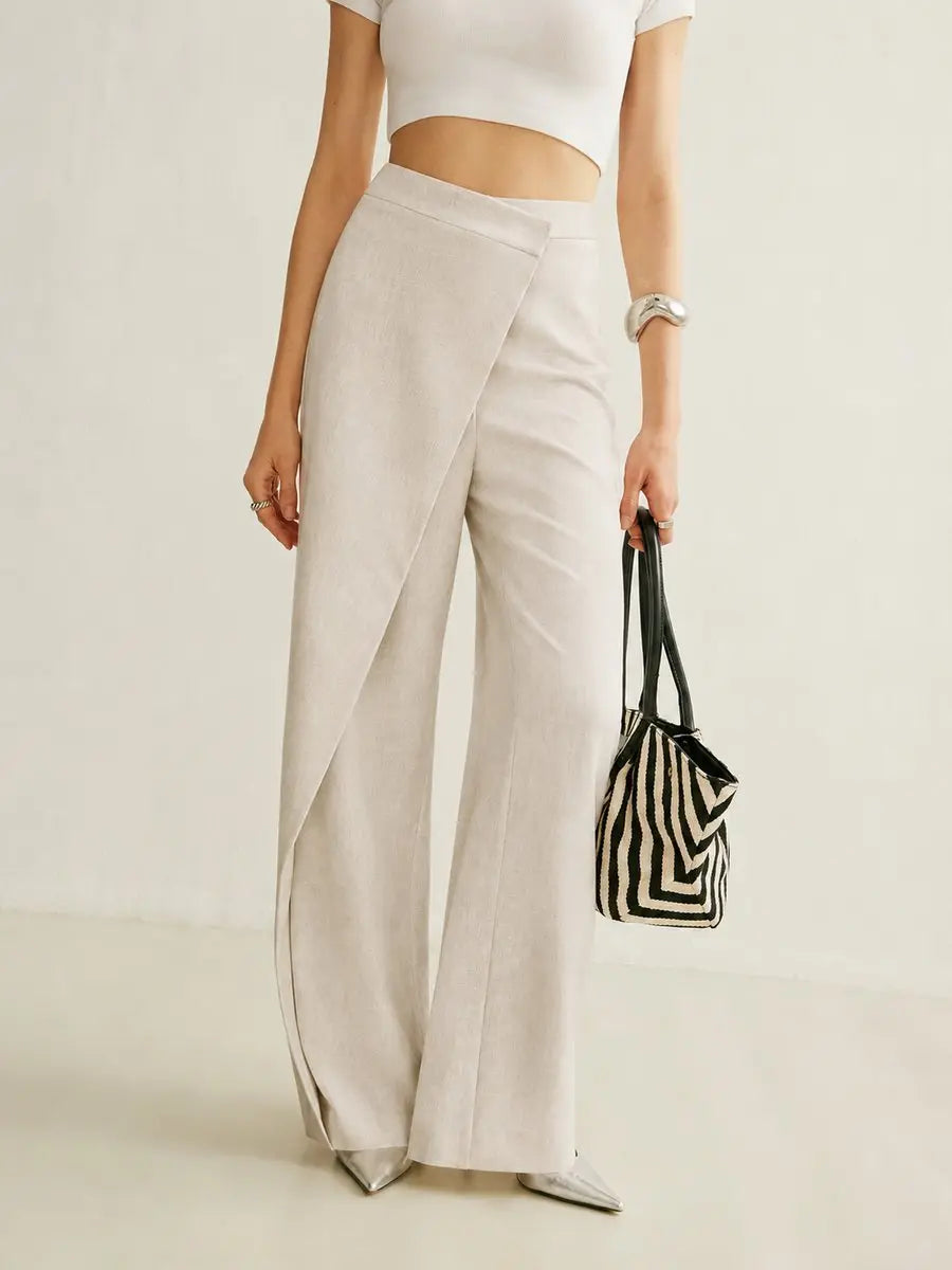 Women's High-Waist Asymmetric Wrap Wide Leg Trousers - Apricot