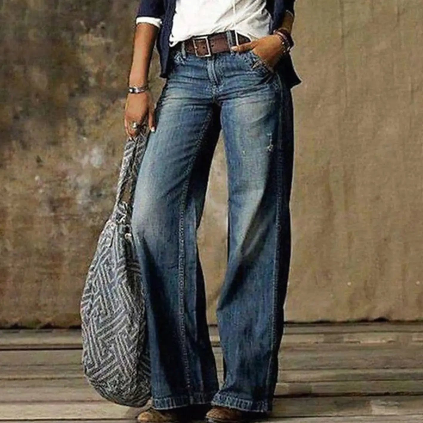 Women's High-Waist Relaxed Wide-Leg Jeans Faded Denim Trousers - Blue