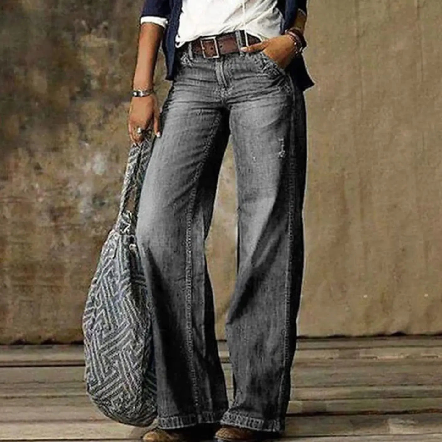 Women's High-Waist Relaxed Wide-Leg Jeans Faded Denim Trousers - Light Grey