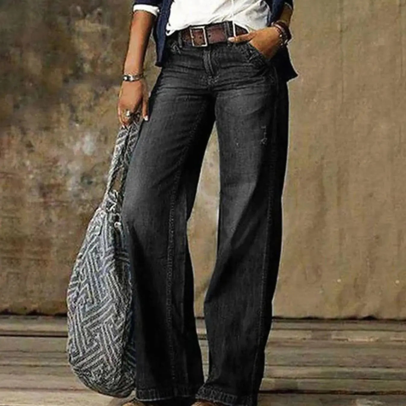 Women's High-Waist Relaxed Wide-Leg Jeans Faded Denim Trousers - Grey
