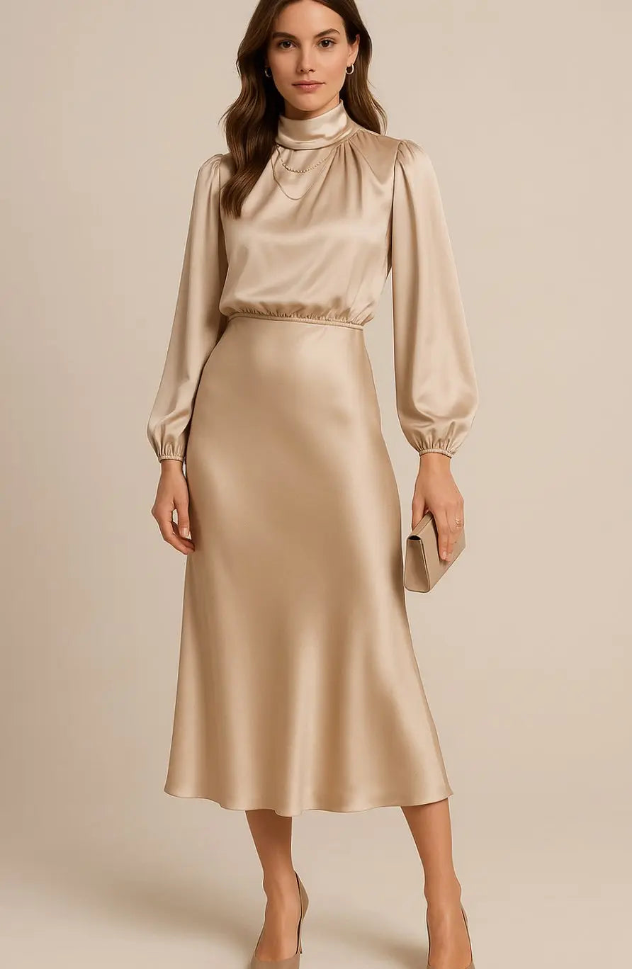 Women's High-Waist Satin Long-Sleeve Mock-Neck Midi Dress