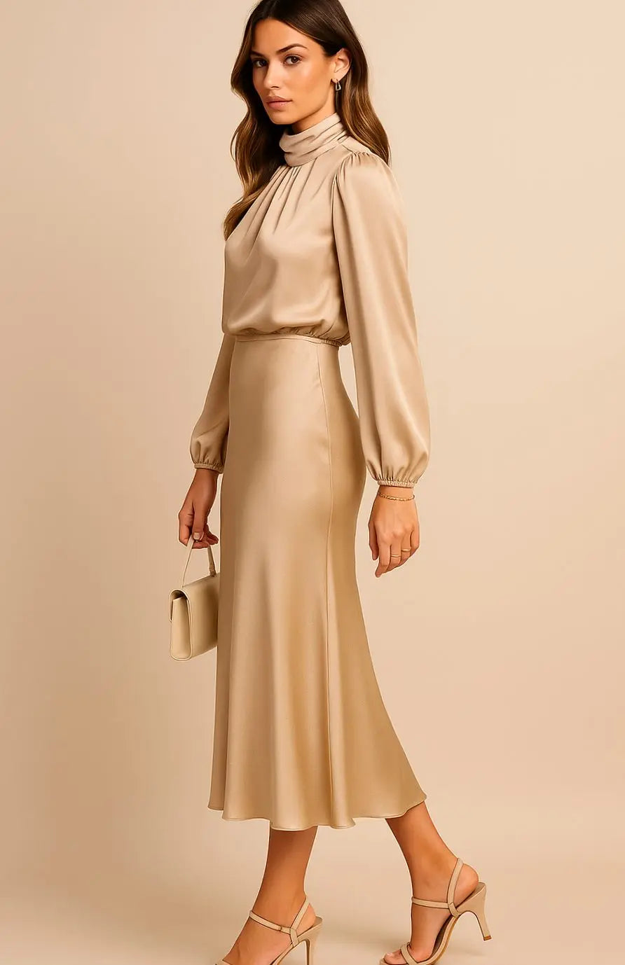 Women's High-Waist Satin Long-Sleeve Mock-Neck Midi Dress