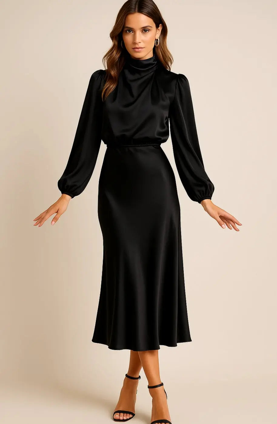 Women's High-Waist Satin Long-Sleeve Mock-Neck Midi Dress - Black