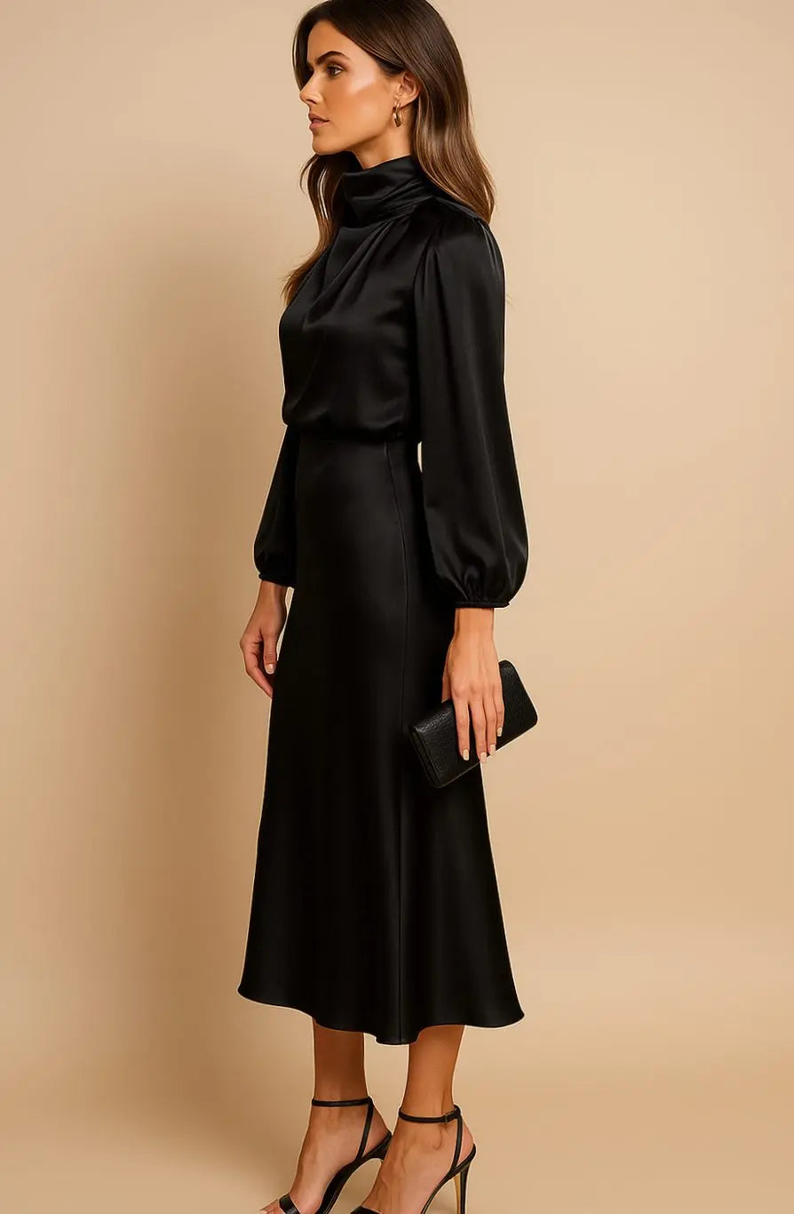 Women's High-Waist Satin Long-Sleeve Mock-Neck Midi Dress
