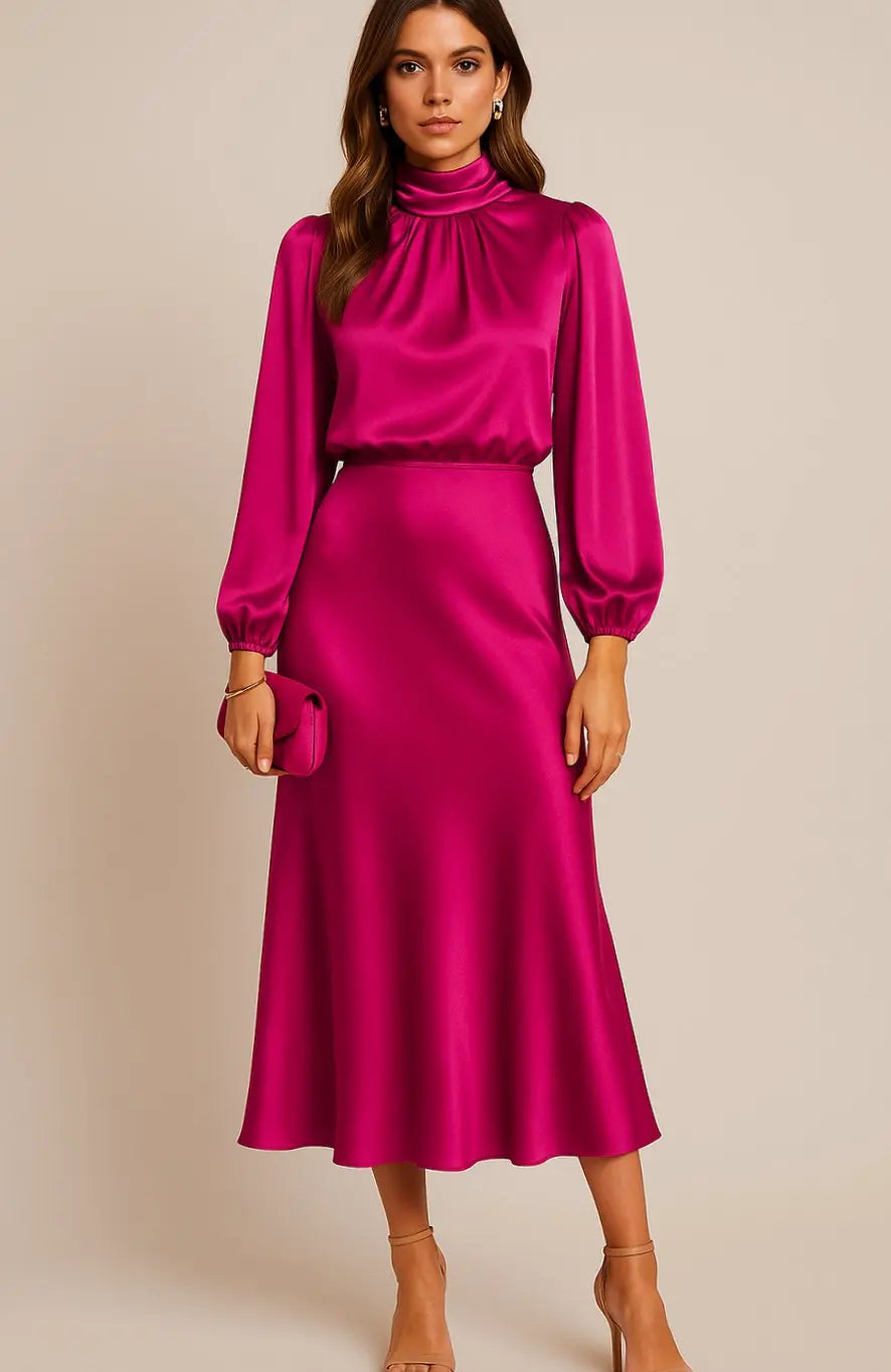 Women's High-Waist Satin Long-Sleeve Mock-Neck Midi Dress - Pink