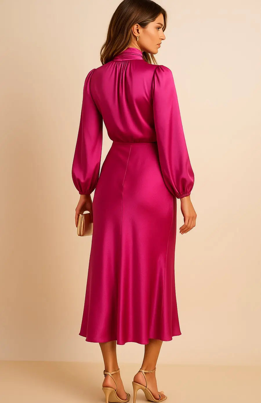 Women's High-Waist Satin Long-Sleeve Mock-Neck Midi Dress