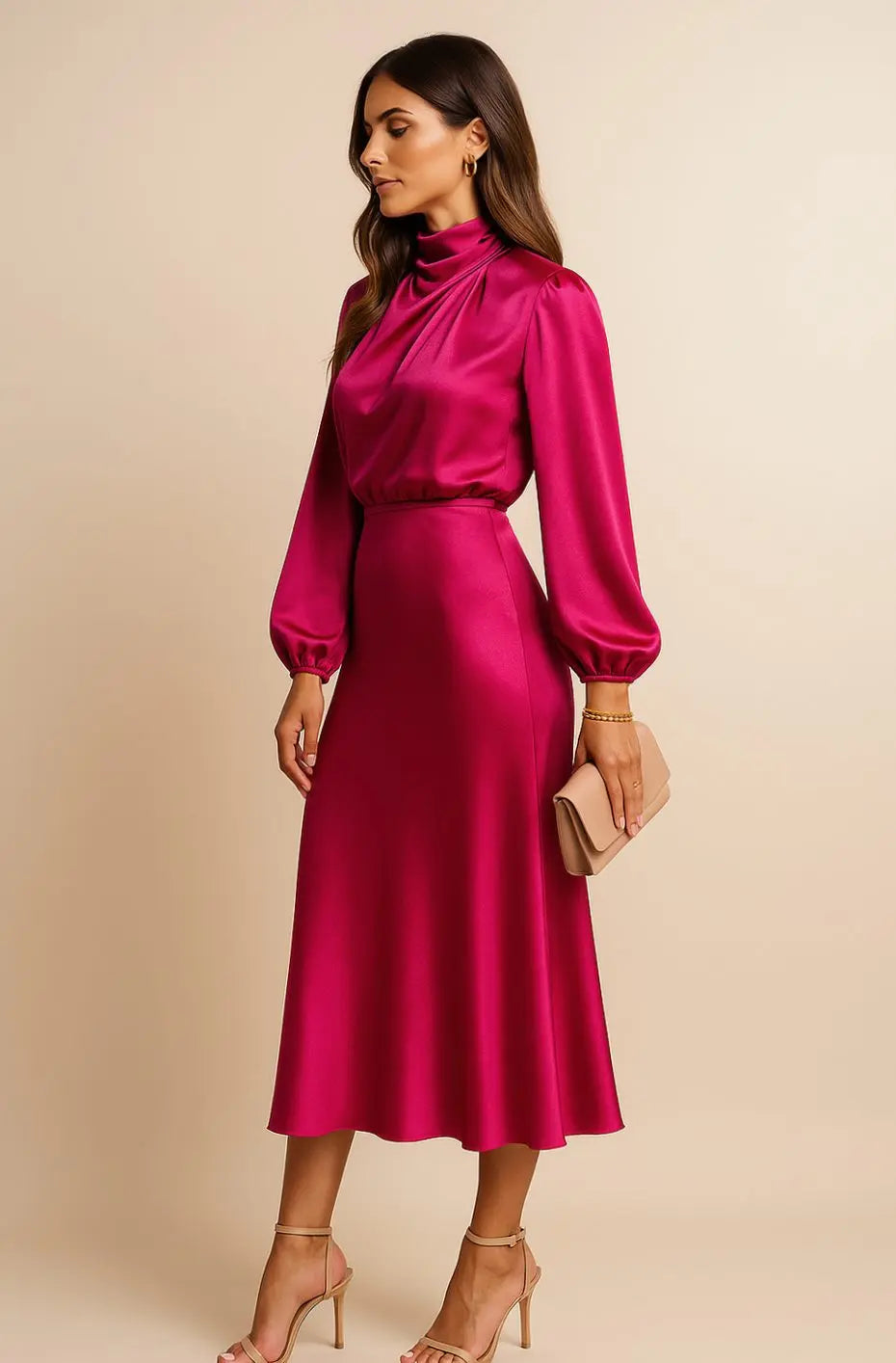 Women's High-Waist Satin Long-Sleeve Mock-Neck Midi Dress