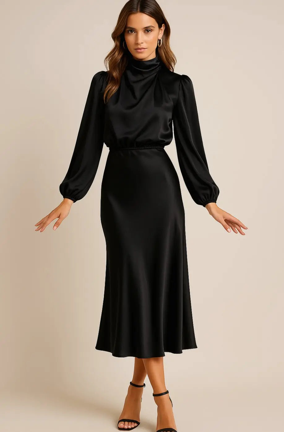 Women's High-Waist Satin Long-Sleeve Mock-Neck Midi Dress