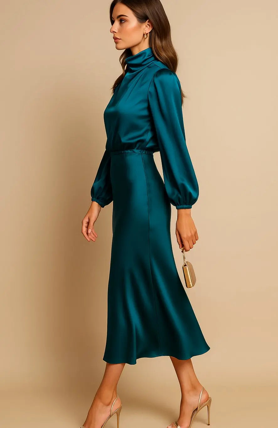 Women's High-Waist Satin Long-Sleeve Mock-Neck Midi Dress