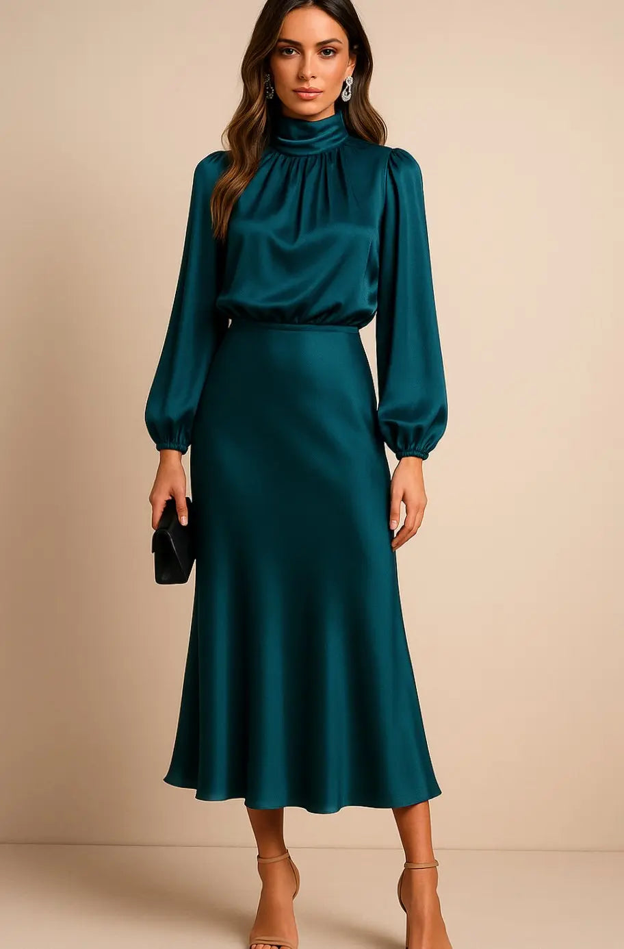 Women's High-Waist Satin Long-Sleeve Mock-Neck Midi Dress