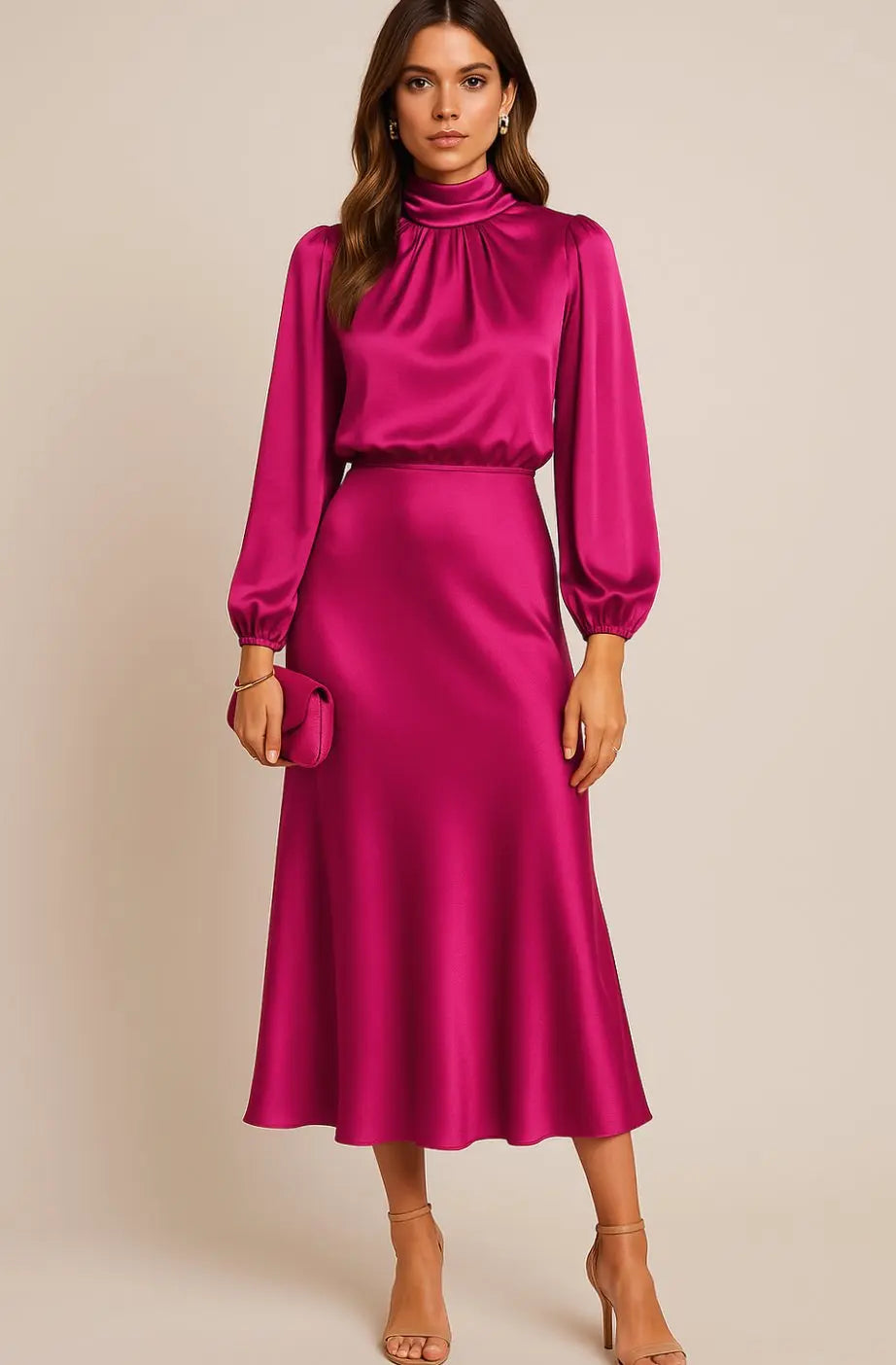 Women's High-Waist Satin Long-Sleeve Mock-Neck Midi Dress
