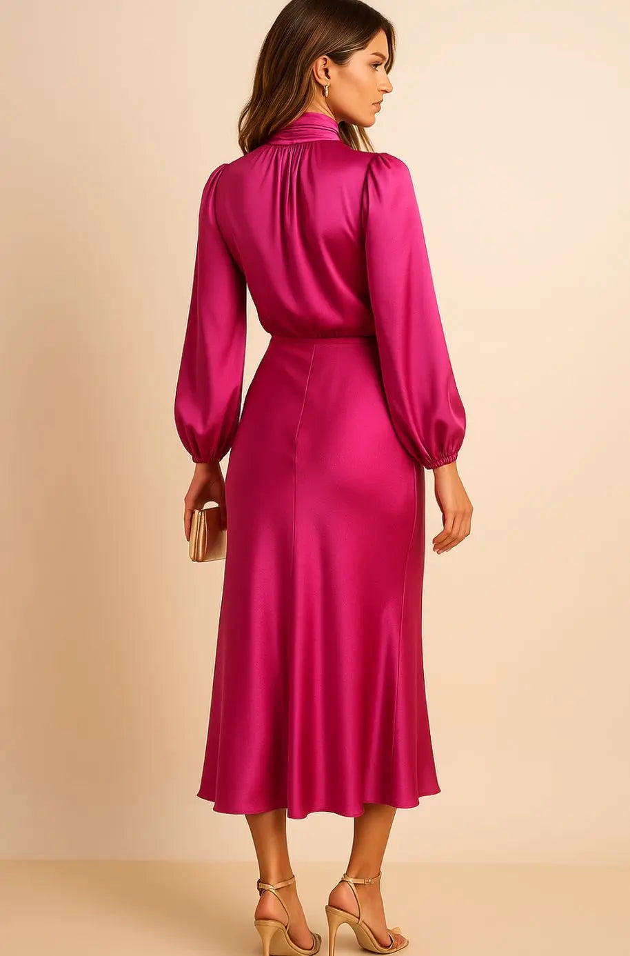 Women's High-Waist Satin Long-Sleeve Mock-Neck Midi Dress