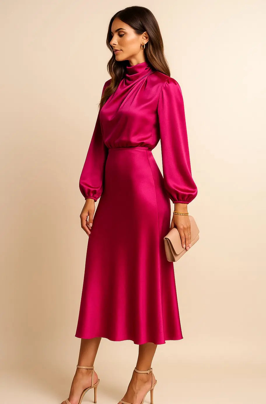 Women's High-Waist Satin Long-Sleeve Mock-Neck Midi Dress