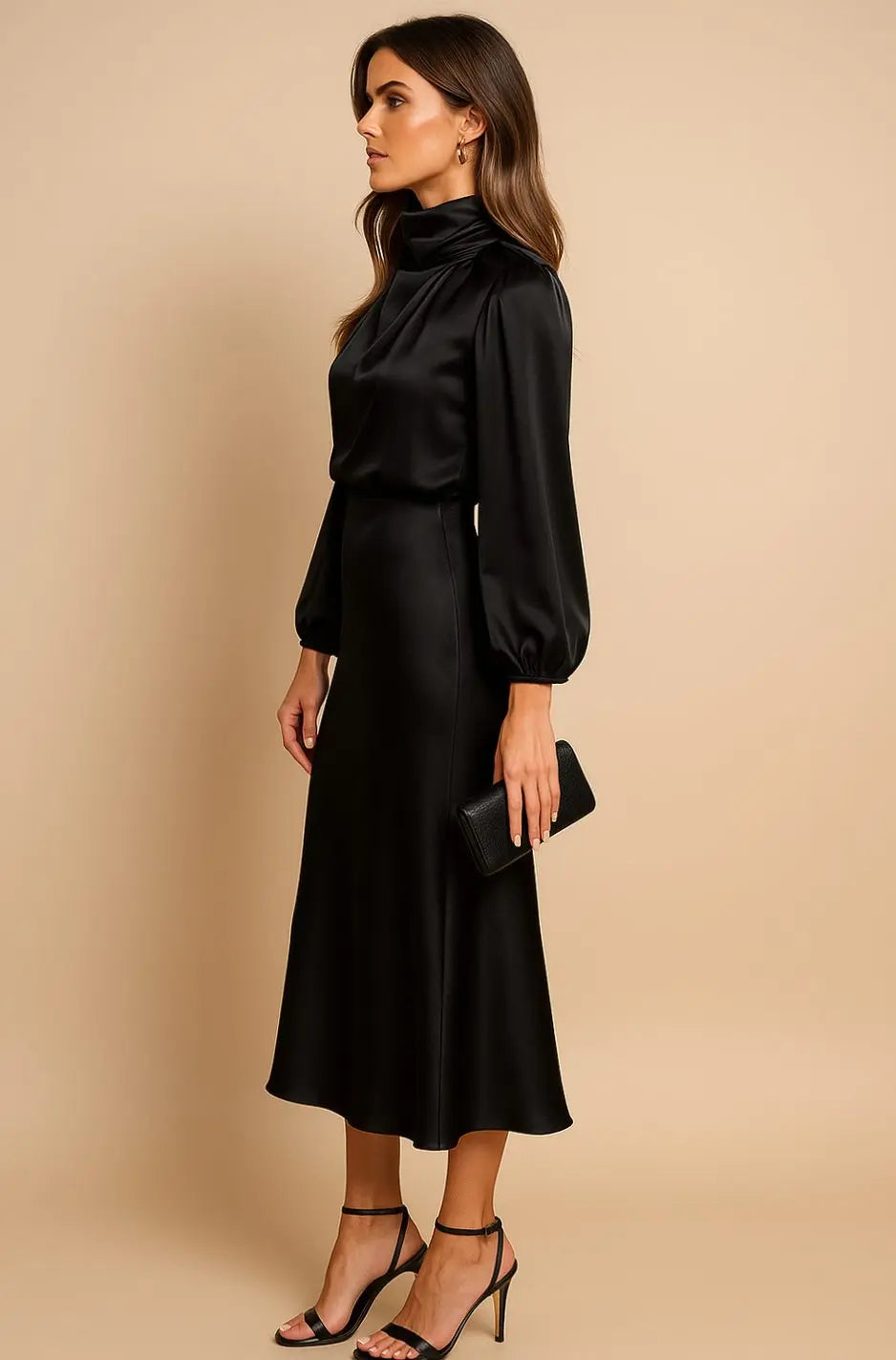 Women's High-Waist Satin Long-Sleeve Mock-Neck Midi Dress