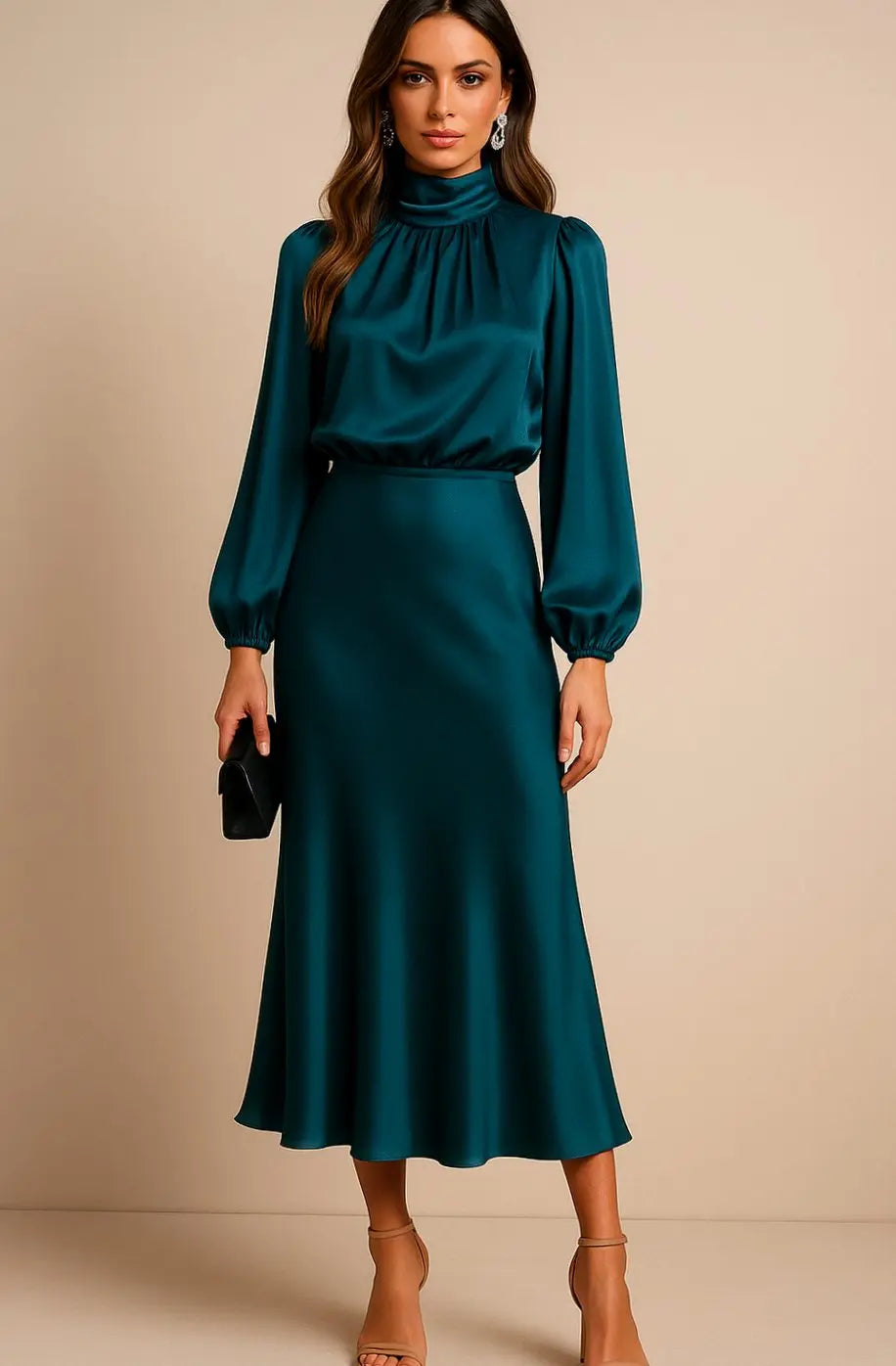 Women's High-Waist Satin Long-Sleeve Mock-Neck Midi Dress
