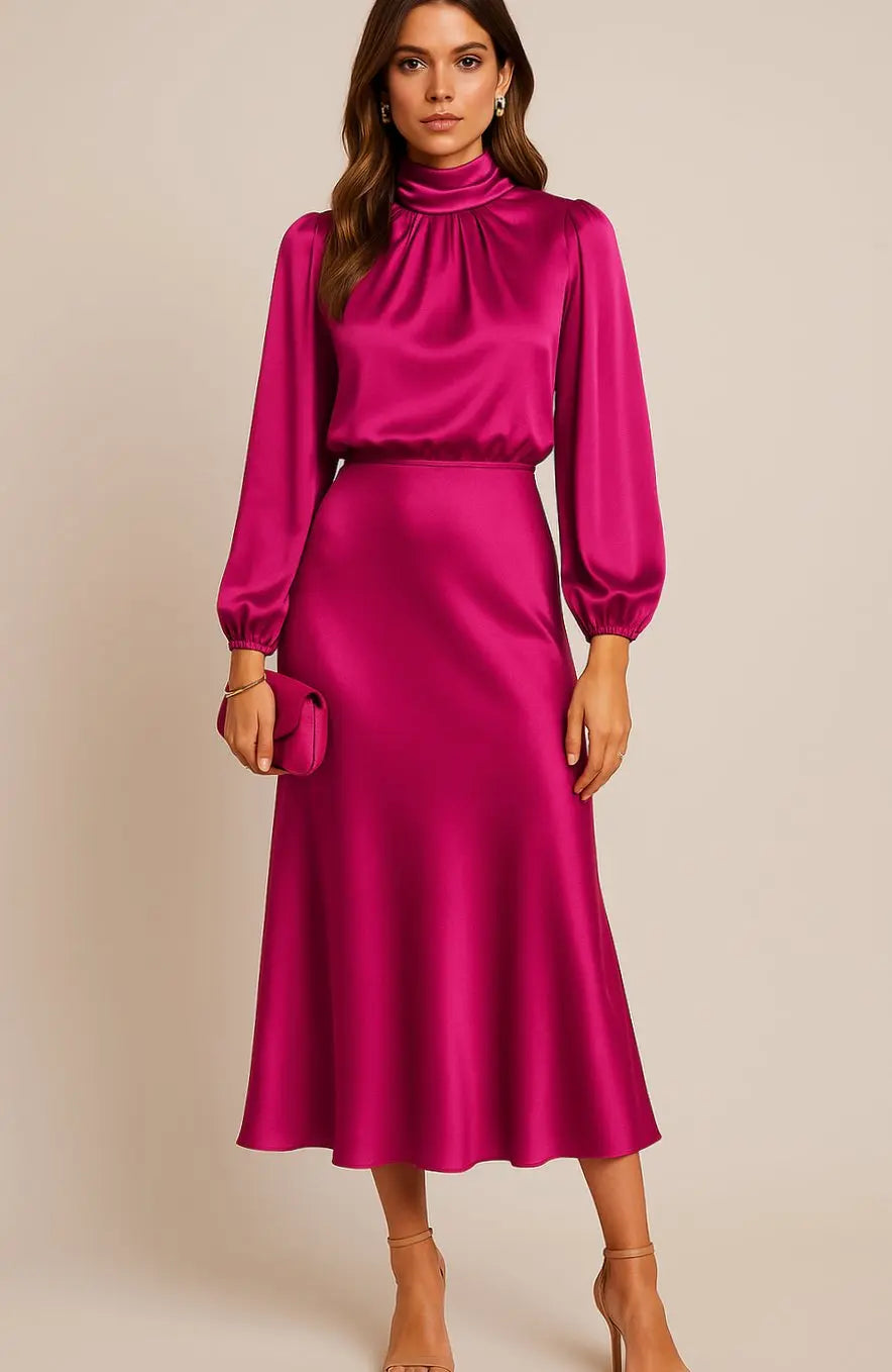 Women's High-Waist Satin Long-Sleeve Mock-Neck Midi Dress