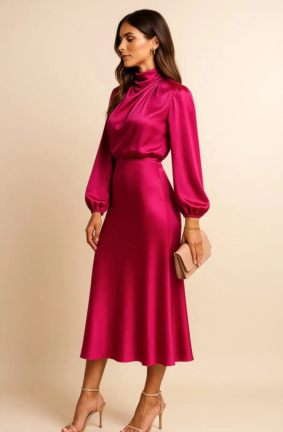 Women's High-Waist Satin Long-Sleeve Mock-Neck Midi Dress