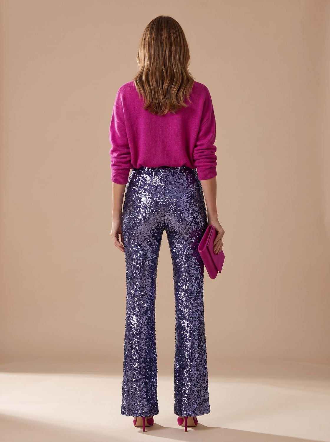 Women's High-Waist Sequin Flare Trousers Party Occasion - Dark Blue