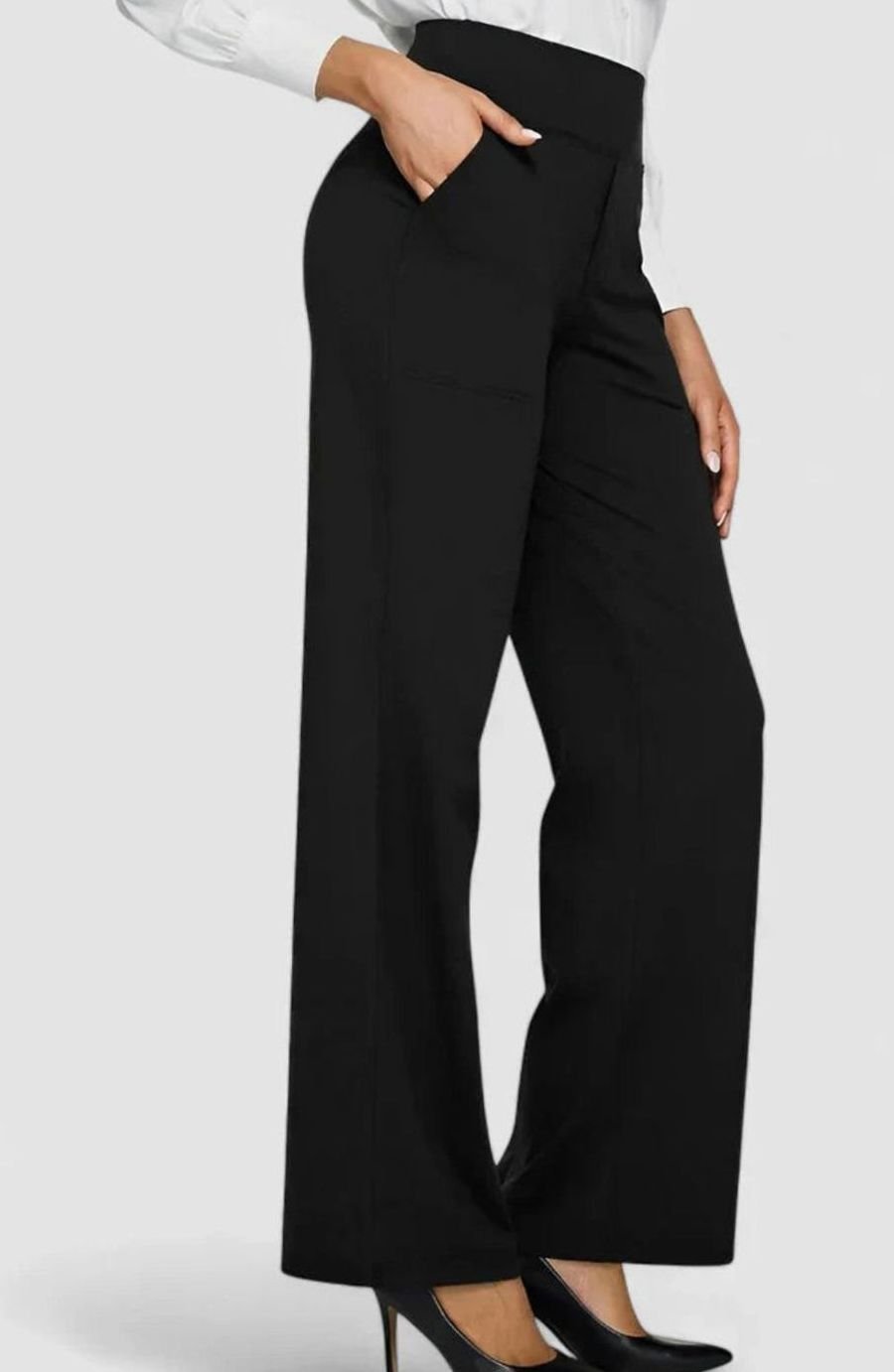 Women's High-Waist Wide-Leg Straight Trousers Pockets - Black