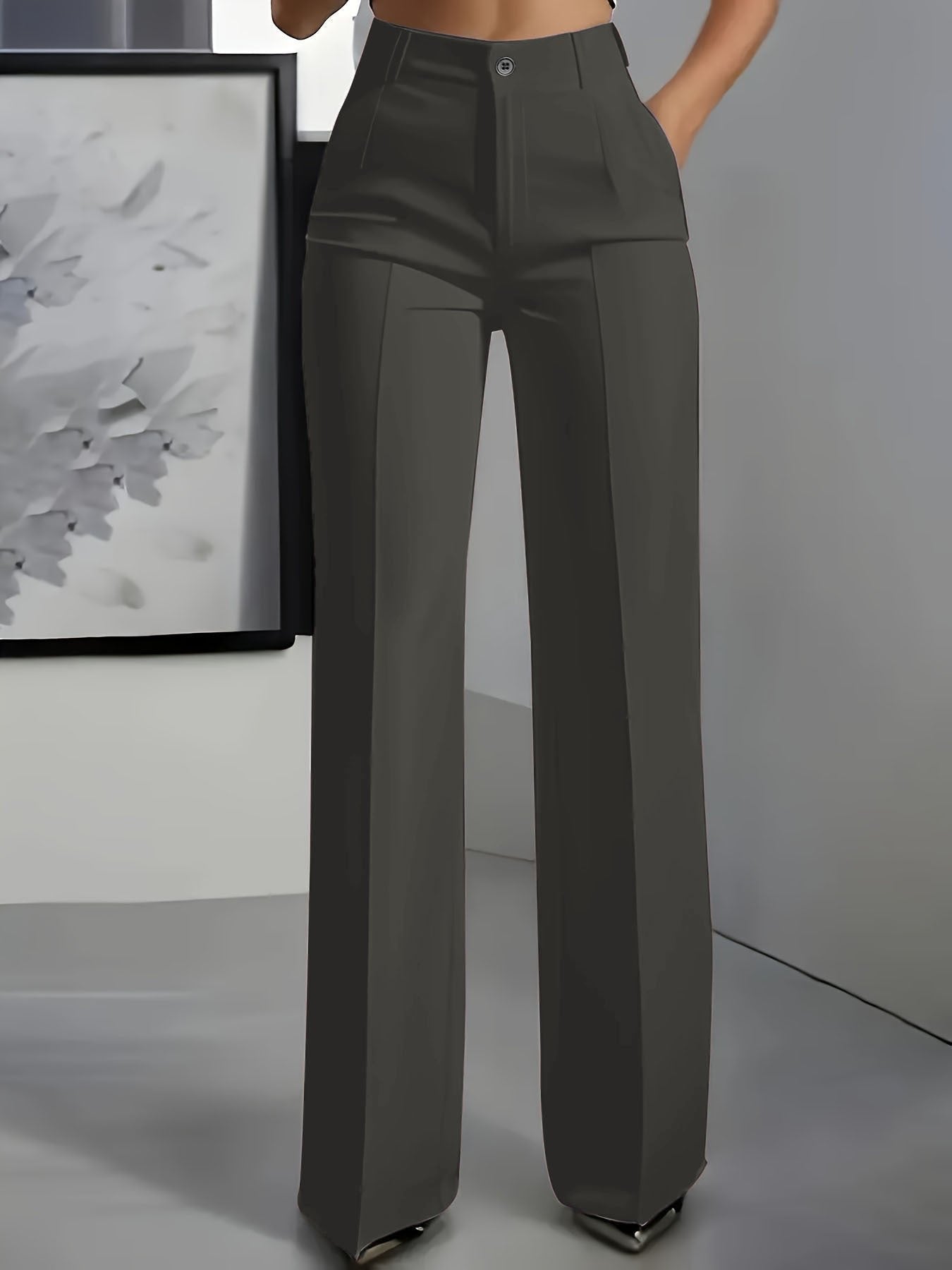 Women's High Waisted Wide Leg Trousers with Front Pleats - Dunkelgrau