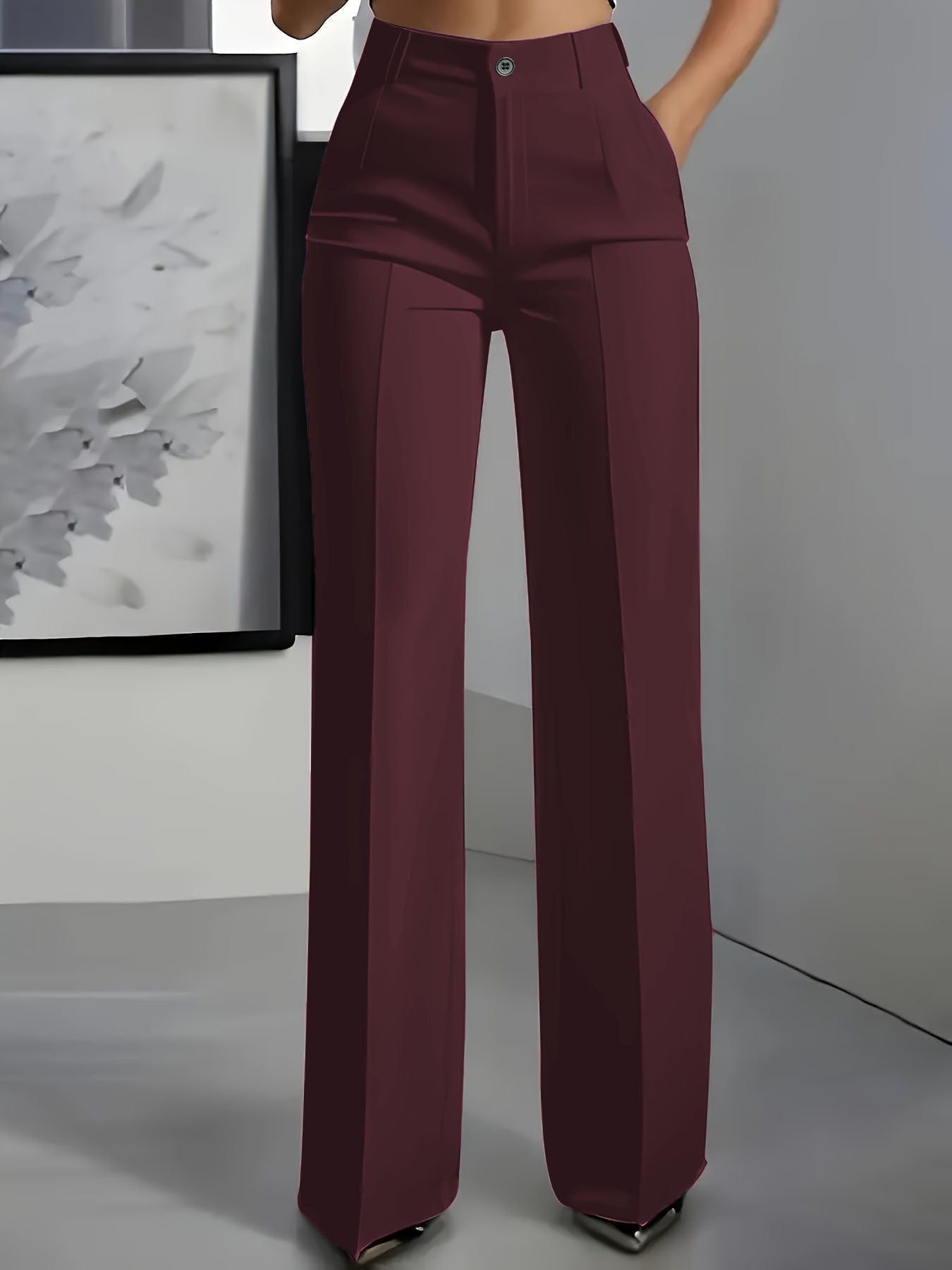 Women's High Waisted Wide Leg Trousers with Front Pleats - Rot